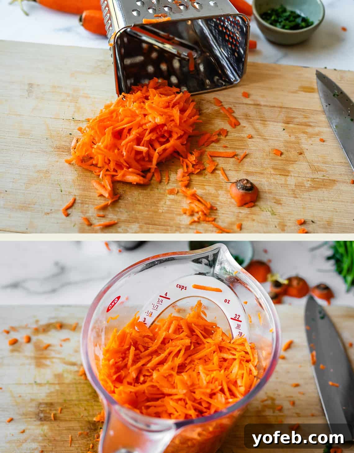 Parisian Carrot Salad 13 Two images: The top shows freshly grated carrots on a wooden cutting board beside a box grater and a knife. The bottom shows the grated carrots collected in a clear measuring cup.
