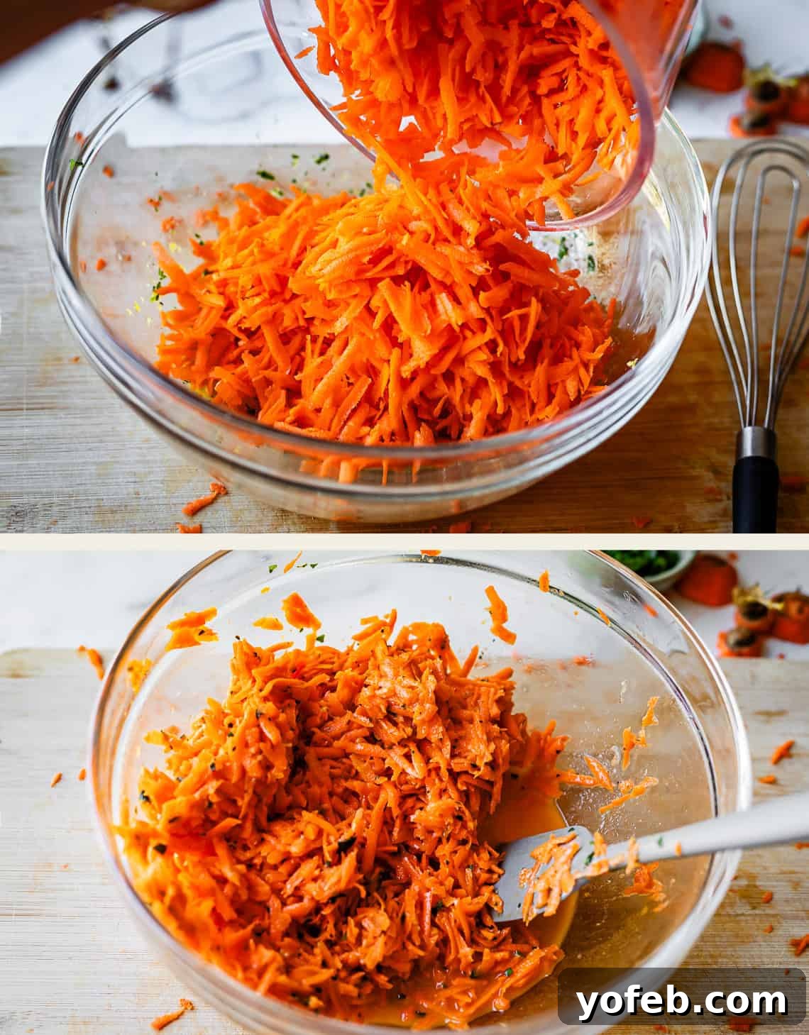 Parisian Carrot Salad 14 Two images: Top—shredded carrots being poured into a glass bowl next to a whisk; Bottom—shredded carrots mixed with dressing in the same bowl with a spatula.