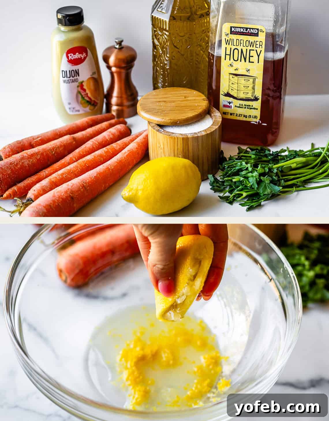 Parisian Carrot Salad 6 Two images: Top—carrots, Dijon mustard, olive oil, honey, salt, black pepper, lemon, and parsley on a counter. Bottom—a hand squeezes half a lemon into a glass bowl with lemon zest and juice inside.