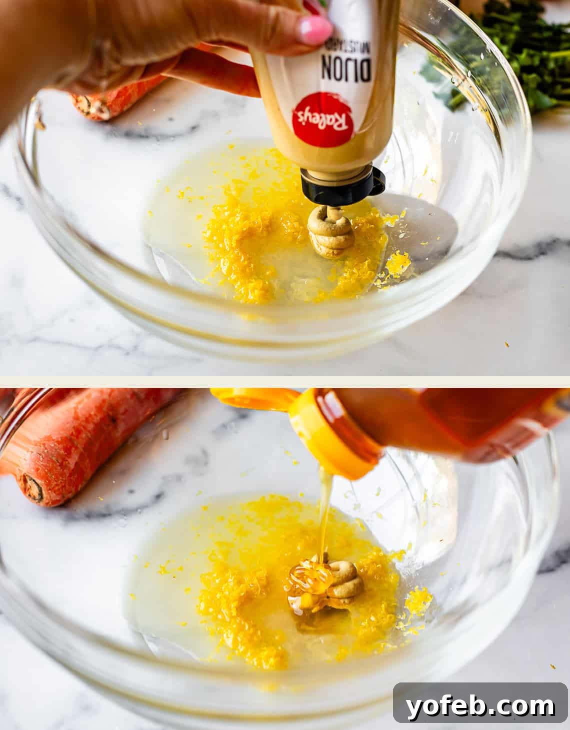 Parisian Carrot Salad 7 Top image: A hand squeezes Dijon mustard into a glass bowl containing lemon zest and juice. Bottom image: Honey is being poured into the same bowl with mustard, lemon zest, and juice on a white surface. A carrot is visible in the background.