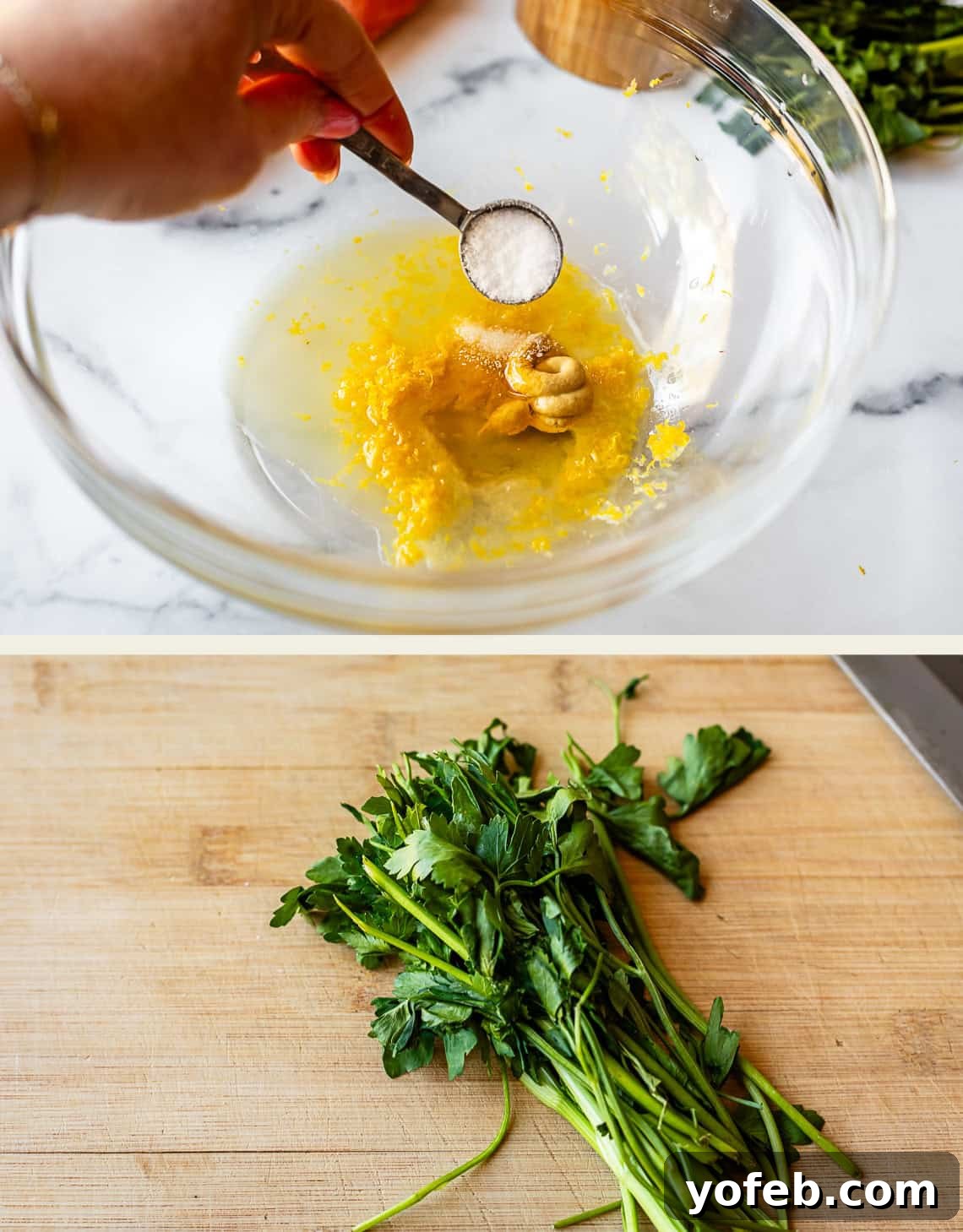 Parisian Carrot Salad 8 A hand holds a measuring spoon of salt over a glass bowl with lemon juice, lemon zest, and cashews. Below, a bunch of fresh parsley sits on a wooden cutting board.