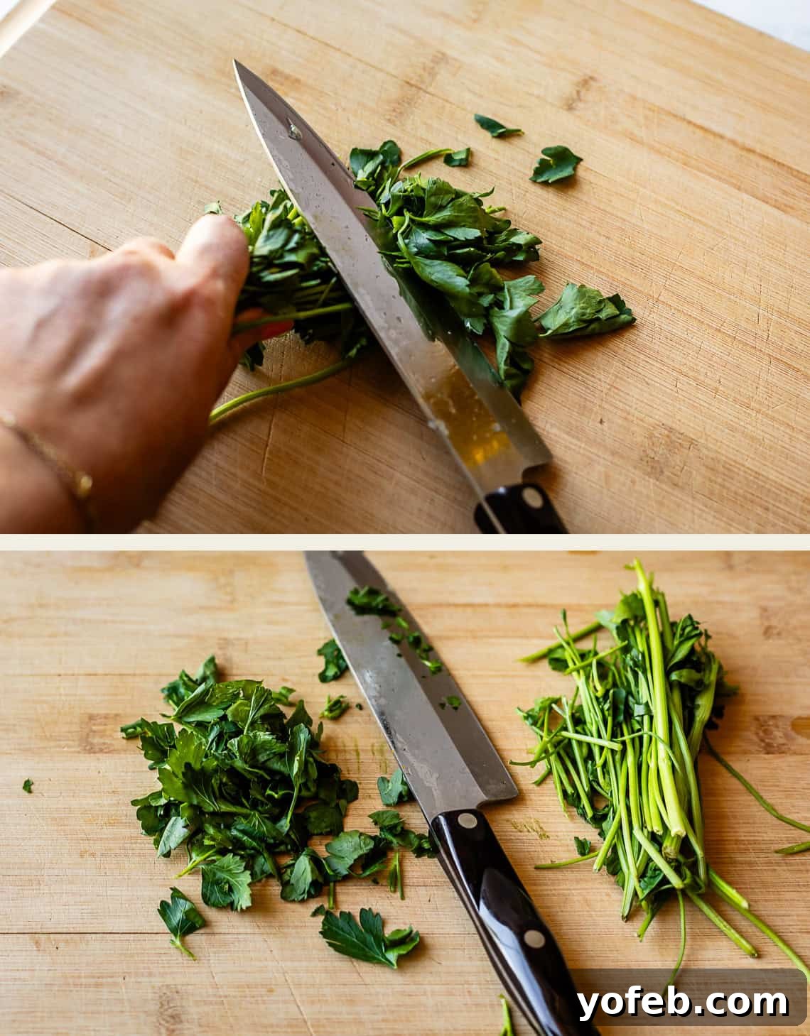 Parisian Carrot Salad 9 Two images show fresh parsley being chopped on a wooden cutting board. In the top image, a hand slices parsley with a knife. In the bottom image, chopped parsley leaves and stems are separated beside the knife.