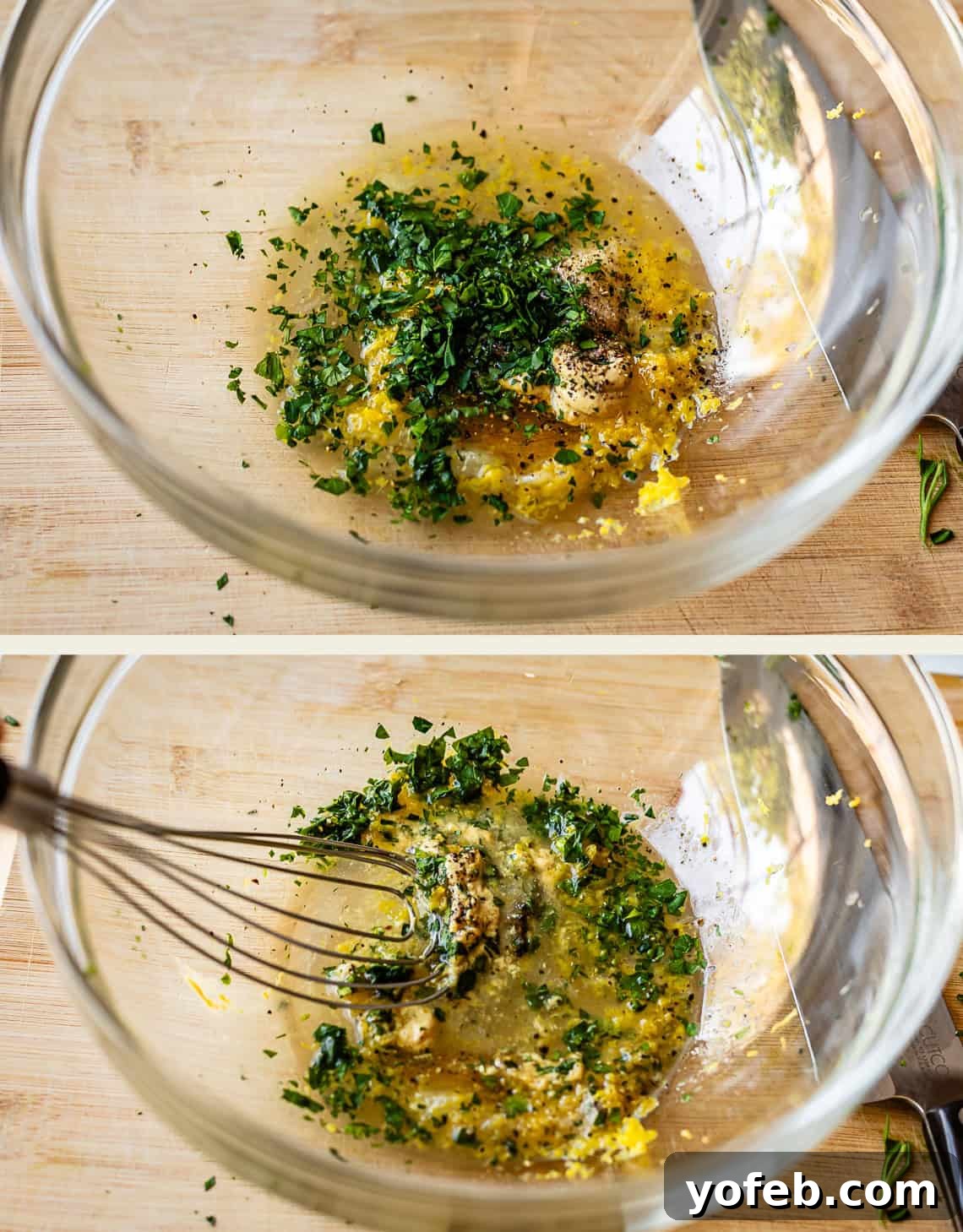 Parisian Carrot Salad 10 Two images: The top shows oil, chopped herbs, and seasonings in a glass bowl. The bottom shows the mixture being whisked together, blending the ingredients. Both images are set on a wooden surface.