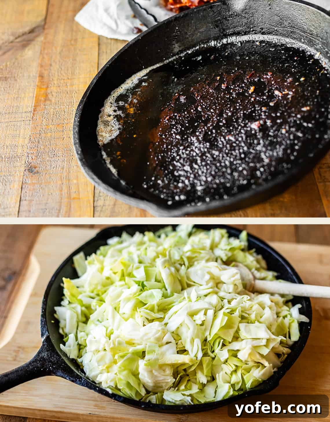 A split image shows a cast-iron skillet: the top half has bacon grease and bits, the bottom half is filled with raw chopped cabbage on a wooden surface.