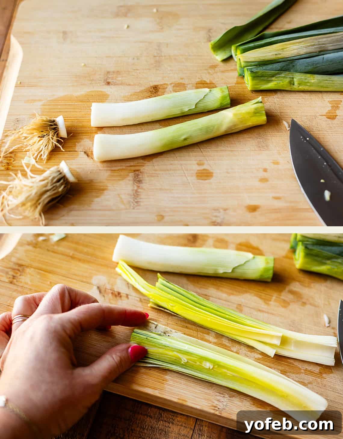 Two images show steps for preparing leeks: the top image displays trimmed leeks and roots on a cutting board with a knife; the bottom image shows a hand separating the layers of a leek lengthwise.