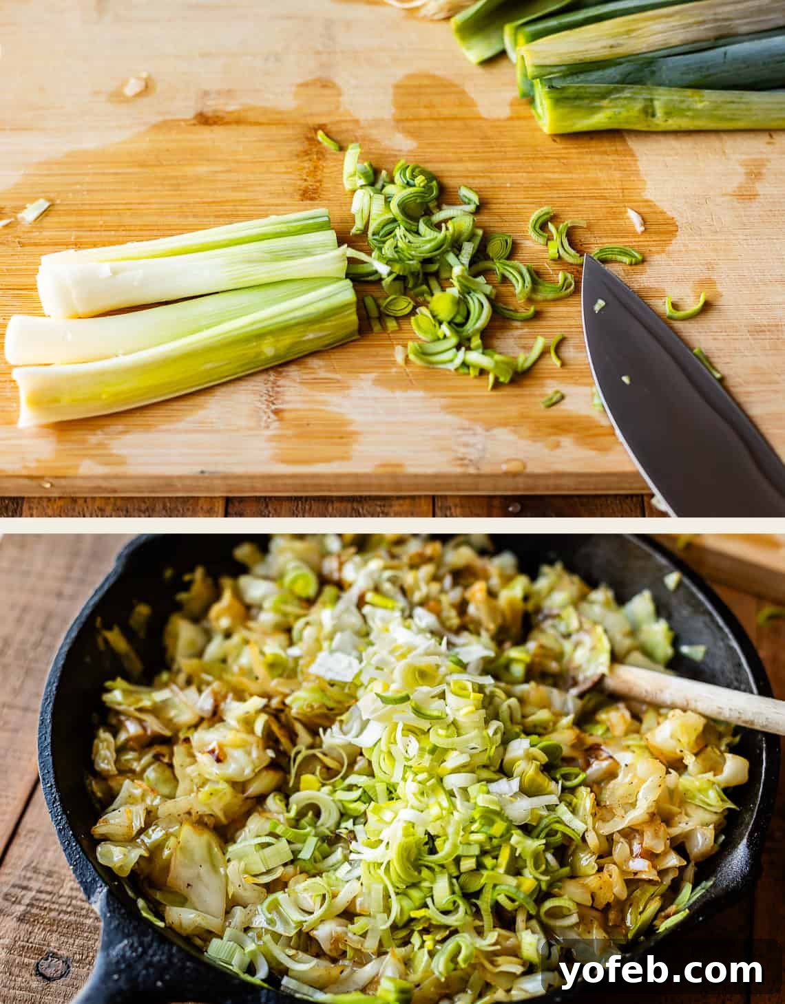 A cutting board with chopped leeks and a knife, and below, a skillet filled with sautéed vegetables including sliced leeks and cabbage being stirred with a wooden spoon.