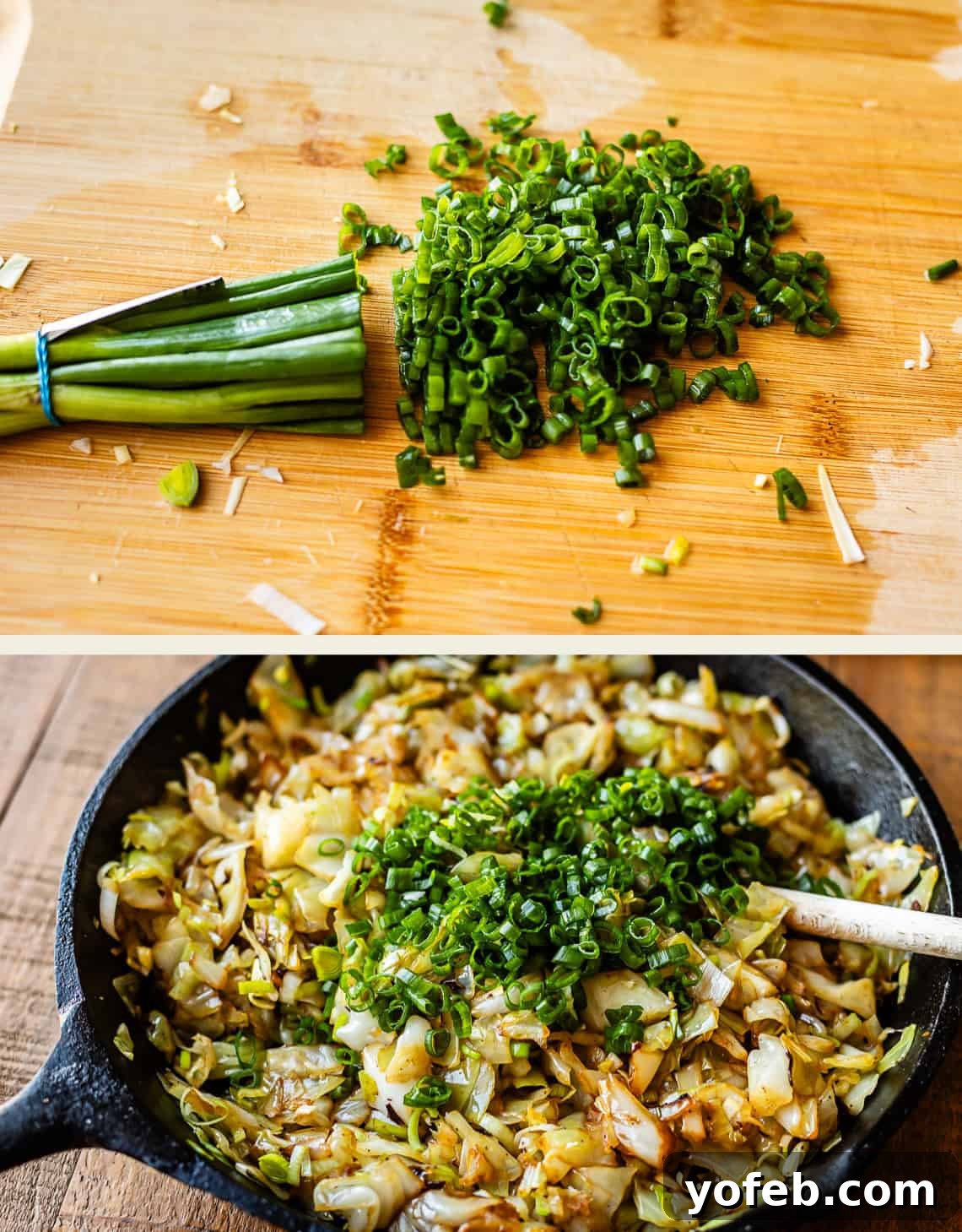 A bundle of fresh green onions is diced on a wooden cutting board. Below, chopped green onions are added to a skillet of sautéed cabbage and vegetables.