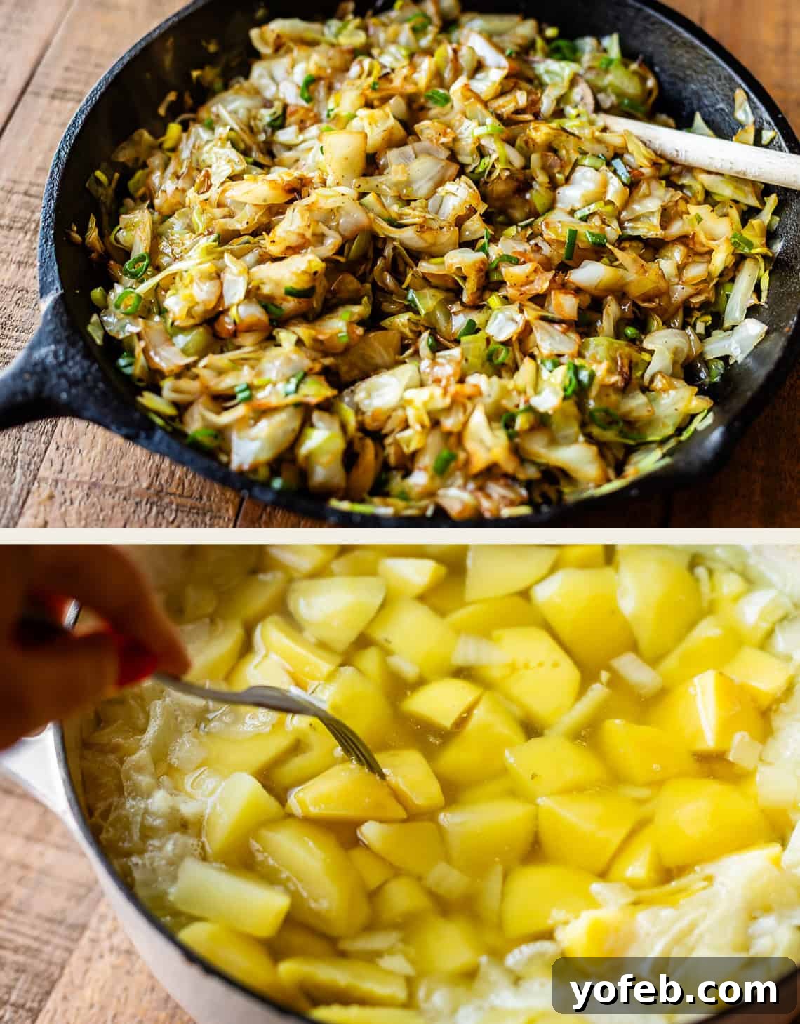 A skillet filled with sautéed cabbage, onions, and potatoes is shown above a pot containing chopped potatoes and cabbage boiling in yellow broth. A hand tests a potato piece in the pot with a fork.