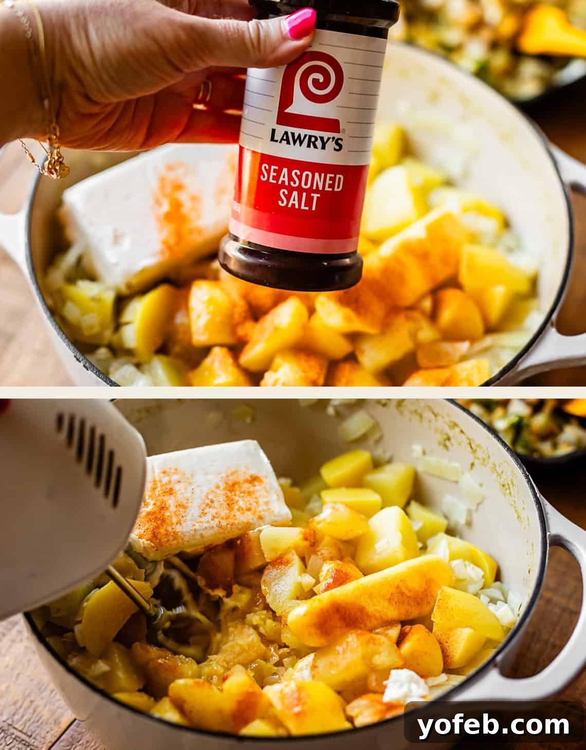 Top: A hand holds a bottle of Lawry’s Seasoned Salt over a pot filled with chopped potatoes, cream cheese, and onions. Bottom: An electric mixer blends the ingredients in the same pot.