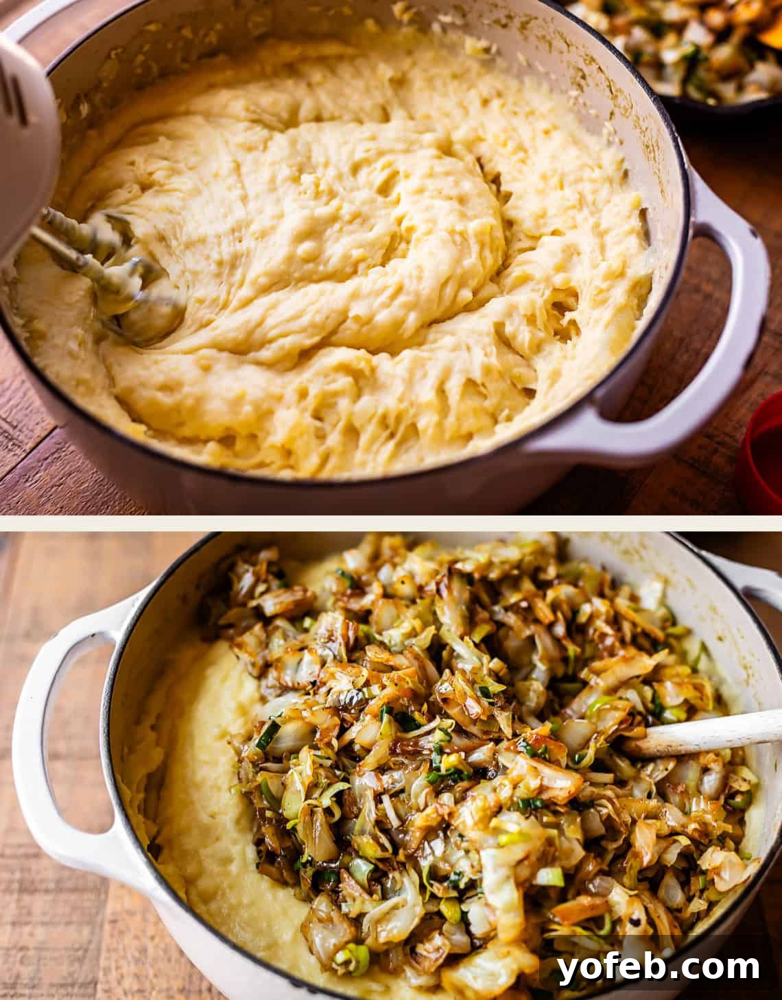 Top: Creamy mashed potatoes being mixed in a pot. Bottom: Sautéed cabbage and onions spread over mashed potatoes in the same pot, ready to be mixed together. Both are on a wooden table.