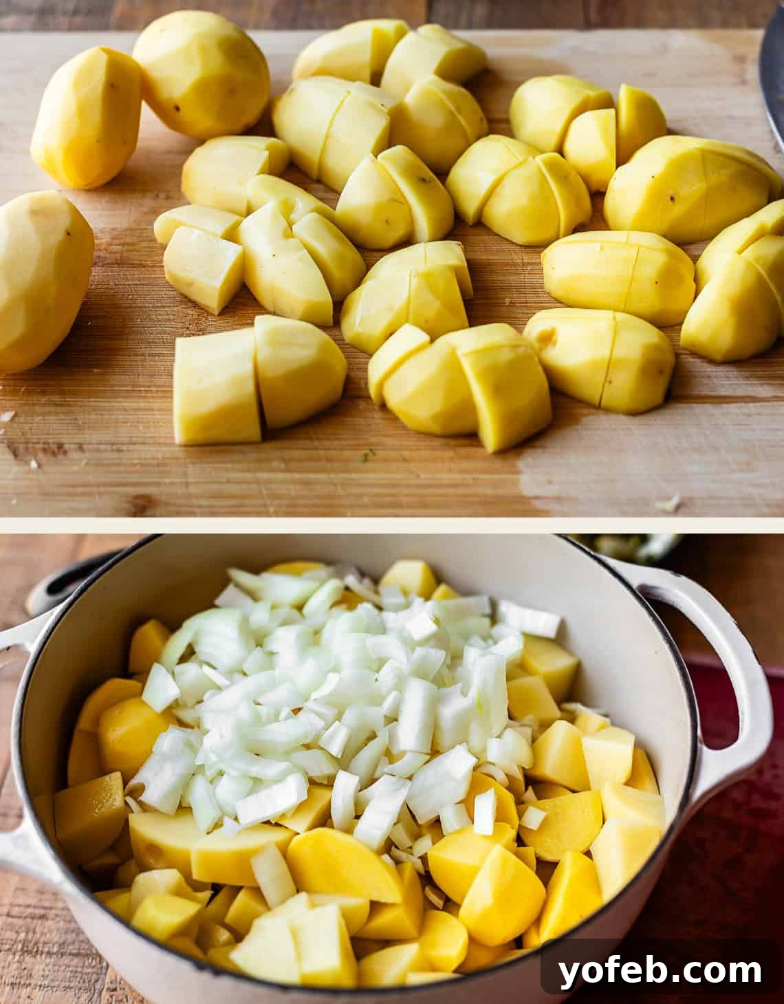 Top: peeled and chopped potatoes on a wooden cutting board. Bottom: a pot filled with chopped potatoes and diced onions, ready for cooking.