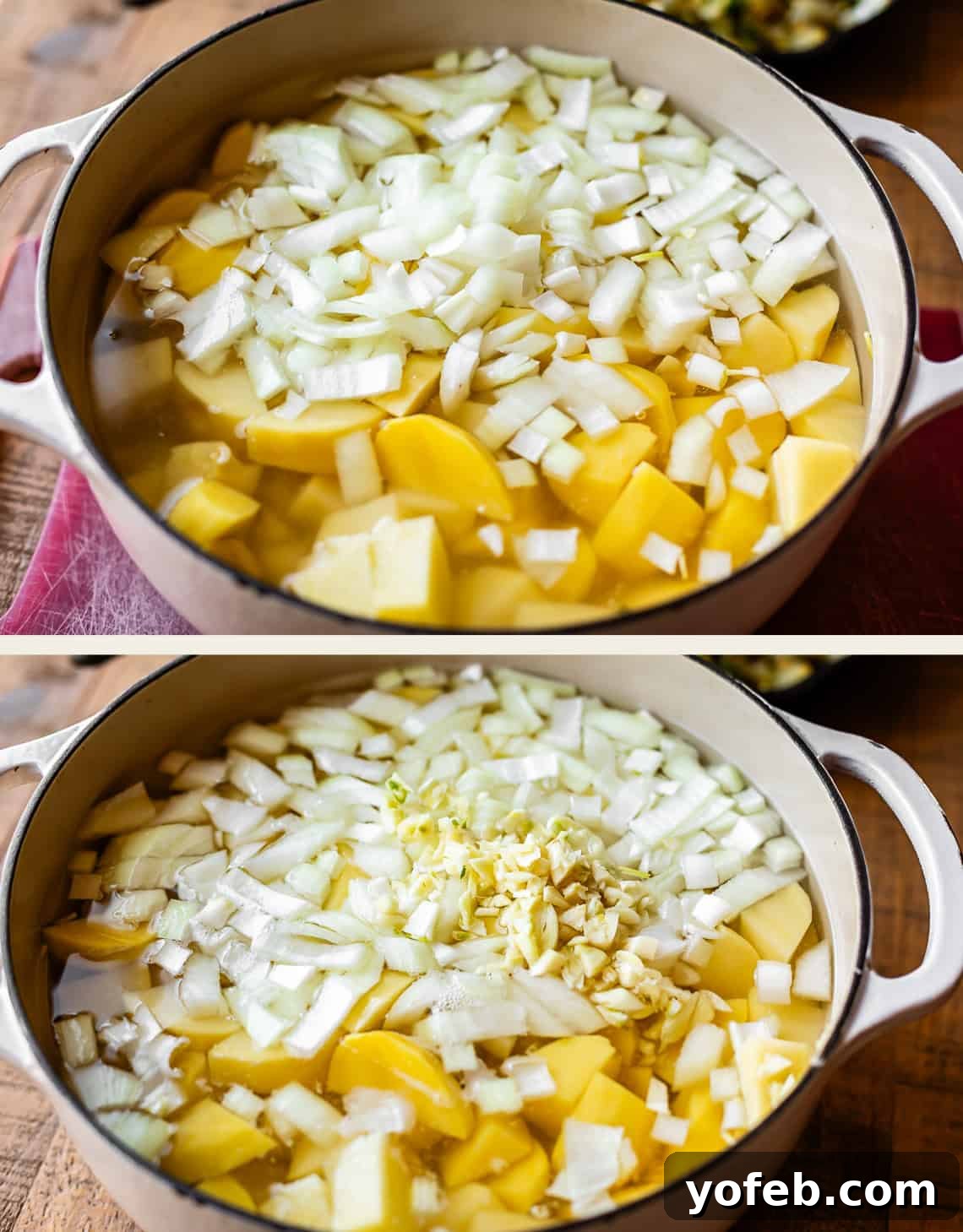 Two images show a pot filled with chopped yellow squash, potatoes, onions, and broth. In the second image, minced garlic is added on top of the mixture before cooking. The pot is placed on a wooden surface.