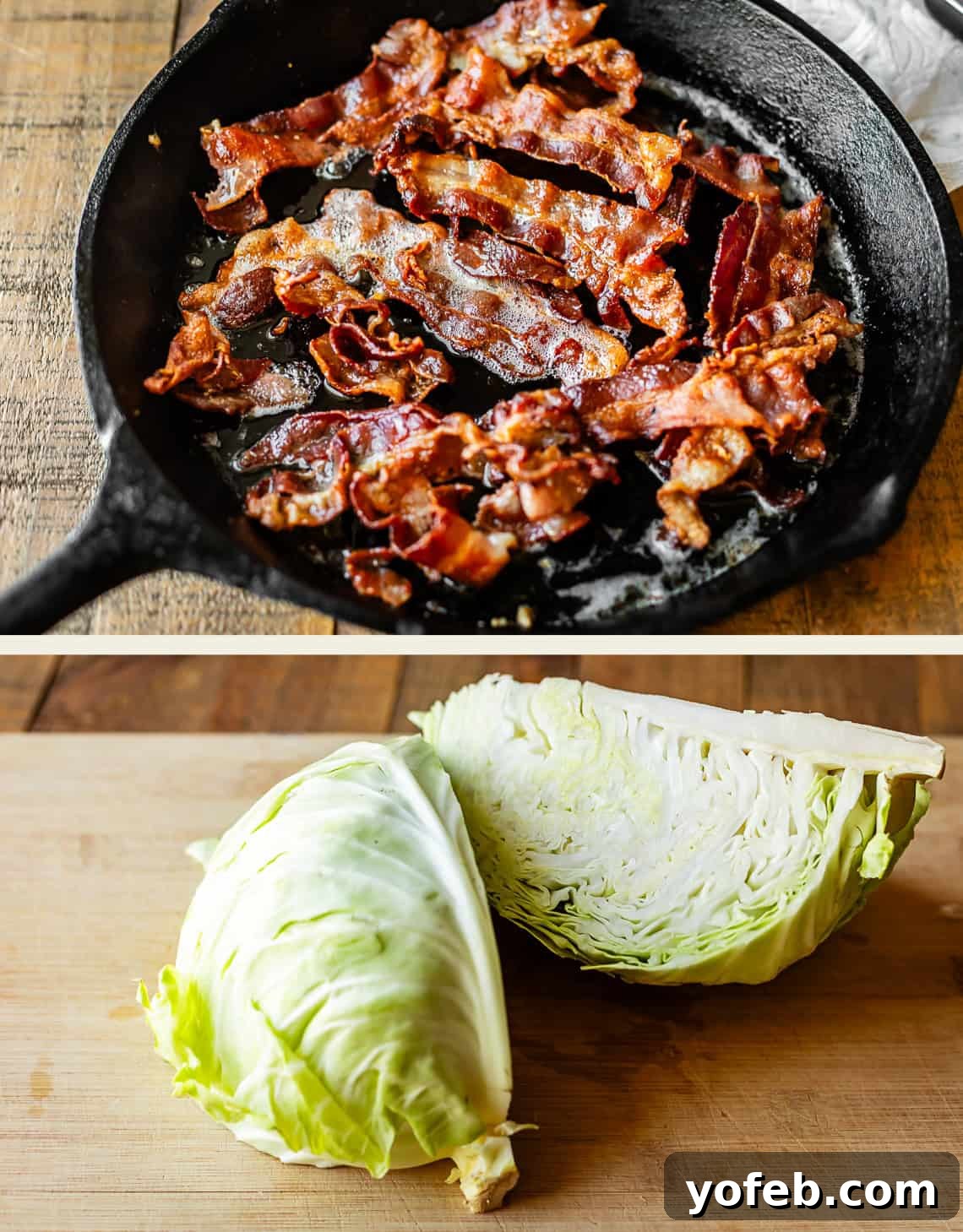 A cast iron skillet with crispy cooked bacon strips sits above a wooden cutting board holding a sliced head of fresh green cabbage.
