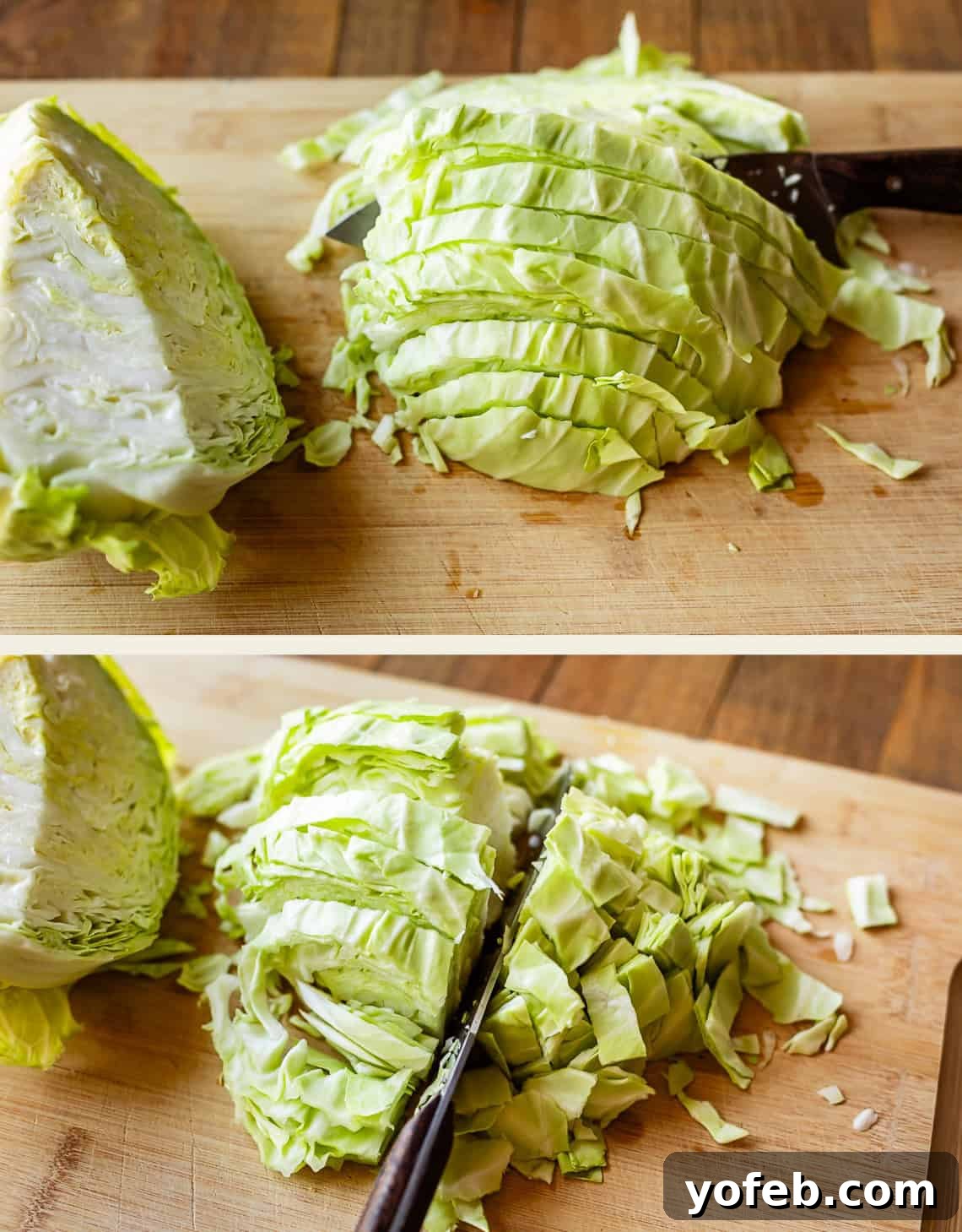 Two images show a green cabbage being sliced on a wooden cutting board with a knife. The top image displays cabbage cut into thin strips, while the bottom image shows continued slicing into smaller pieces.