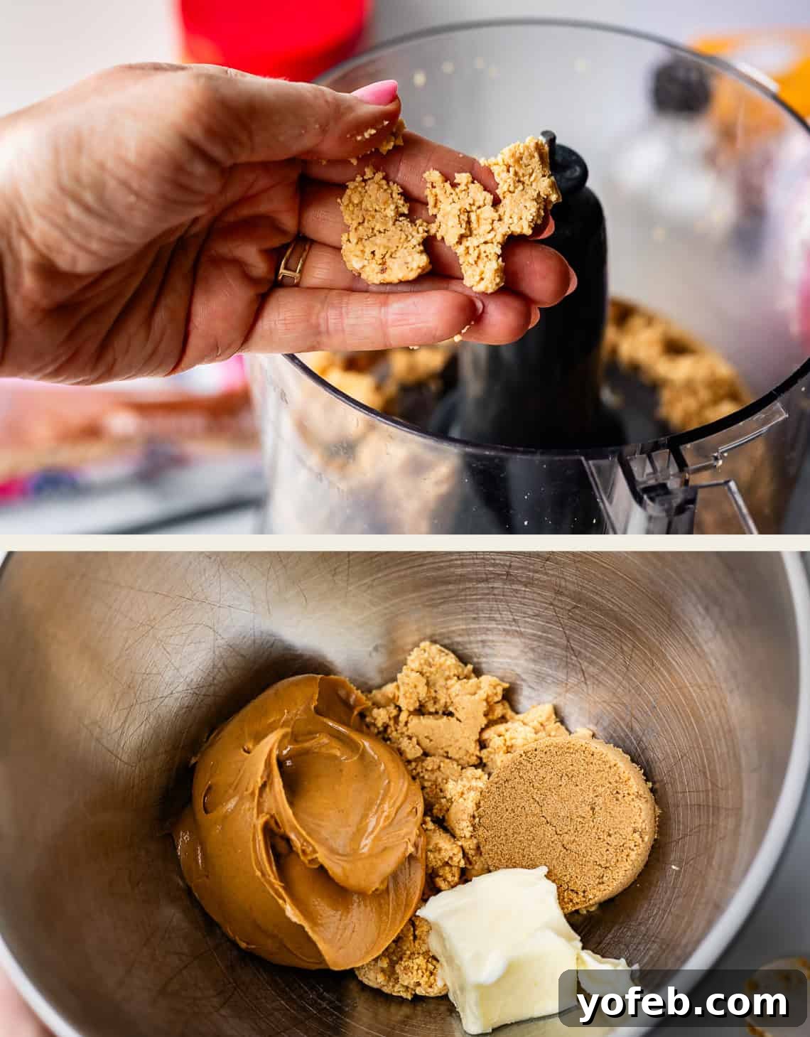 Reese's Easter Peanut Butter Bliss 11 A hand holds crumbly dough over a food processor in the top image. The bottom image shows peanut butter, brown sugar, and butter in a mixing bowl, ready to be combined.