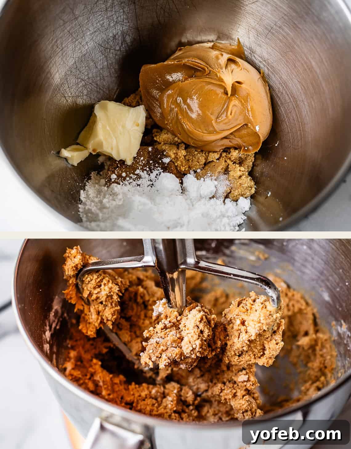 Reese's Easter Peanut Butter Bliss 12 Top: Metal mixing bowl with peanut butter, butter, brown sugar, and powdered sugar. Bottom: Bowl with those ingredients mixed into a thick dough using a stand mixer paddle attachment.