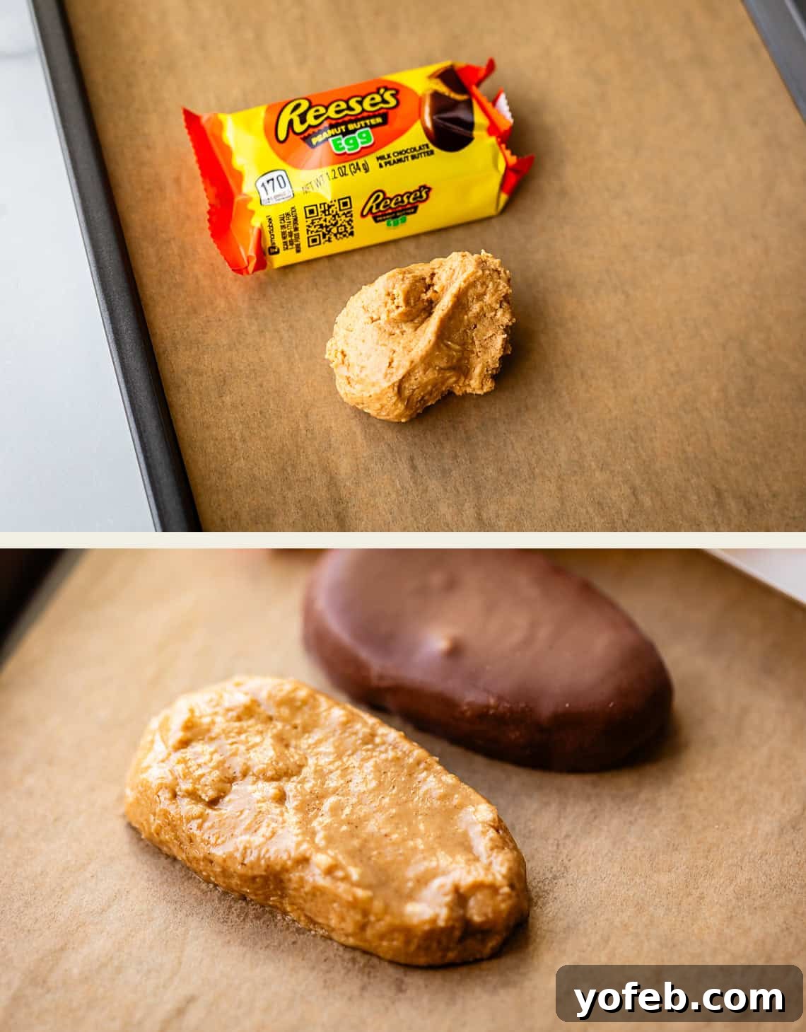 Reese's Easter Peanut Butter Bliss 13 Top: An unwrapped Reese’s egg and a spoonful of peanut butter mixture on a baking sheet. Bottom: A peanut butter egg next to a fully coated chocolate peanut butter egg on parchment paper.
