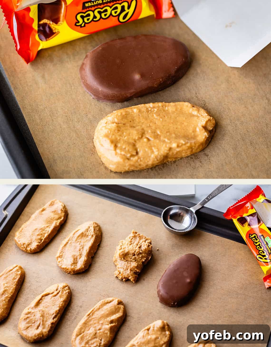 Reese's Easter Peanut Butter Bliss 14 Two images show homemade peanut butter patties on parchment paper next to a packaged Reese’s peanut butter egg; one patty is chocolate-coated, others are uncoated; a spoon and candy wrappers are also visible.