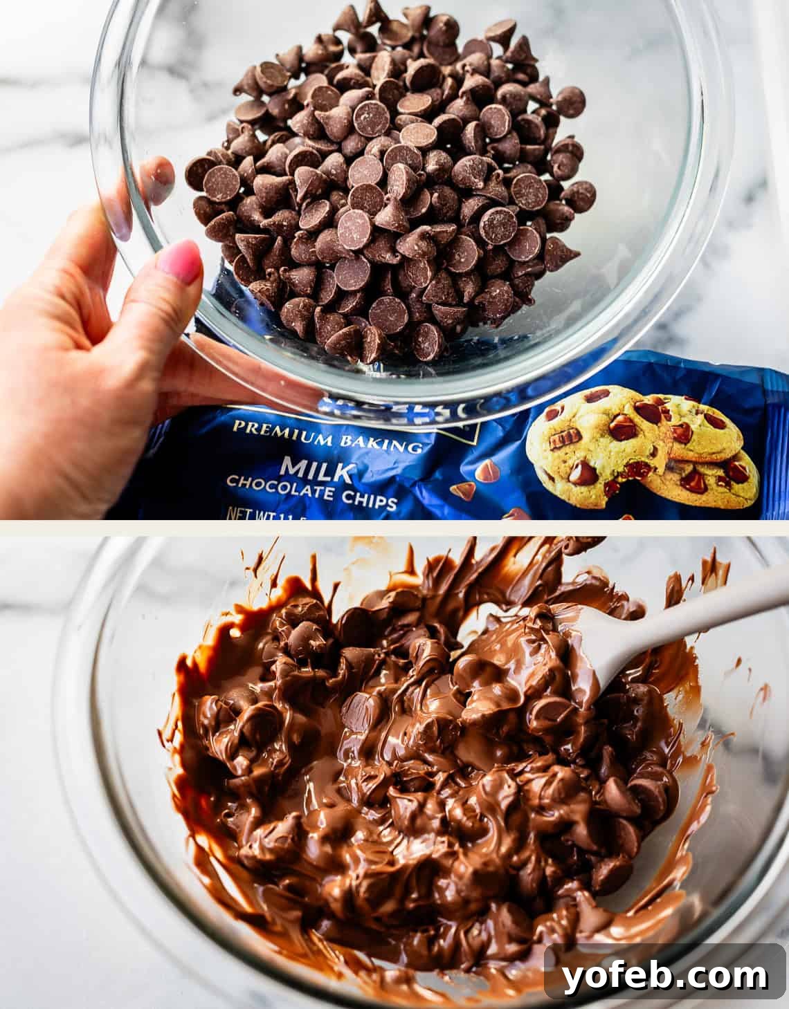 Reese's Easter Peanut Butter Bliss 15 Top: A hand holds a bowl of chocolate chips over a baking chips package. Bottom: The chocolate chips are melted and stirred with a spatula in the same bowl.