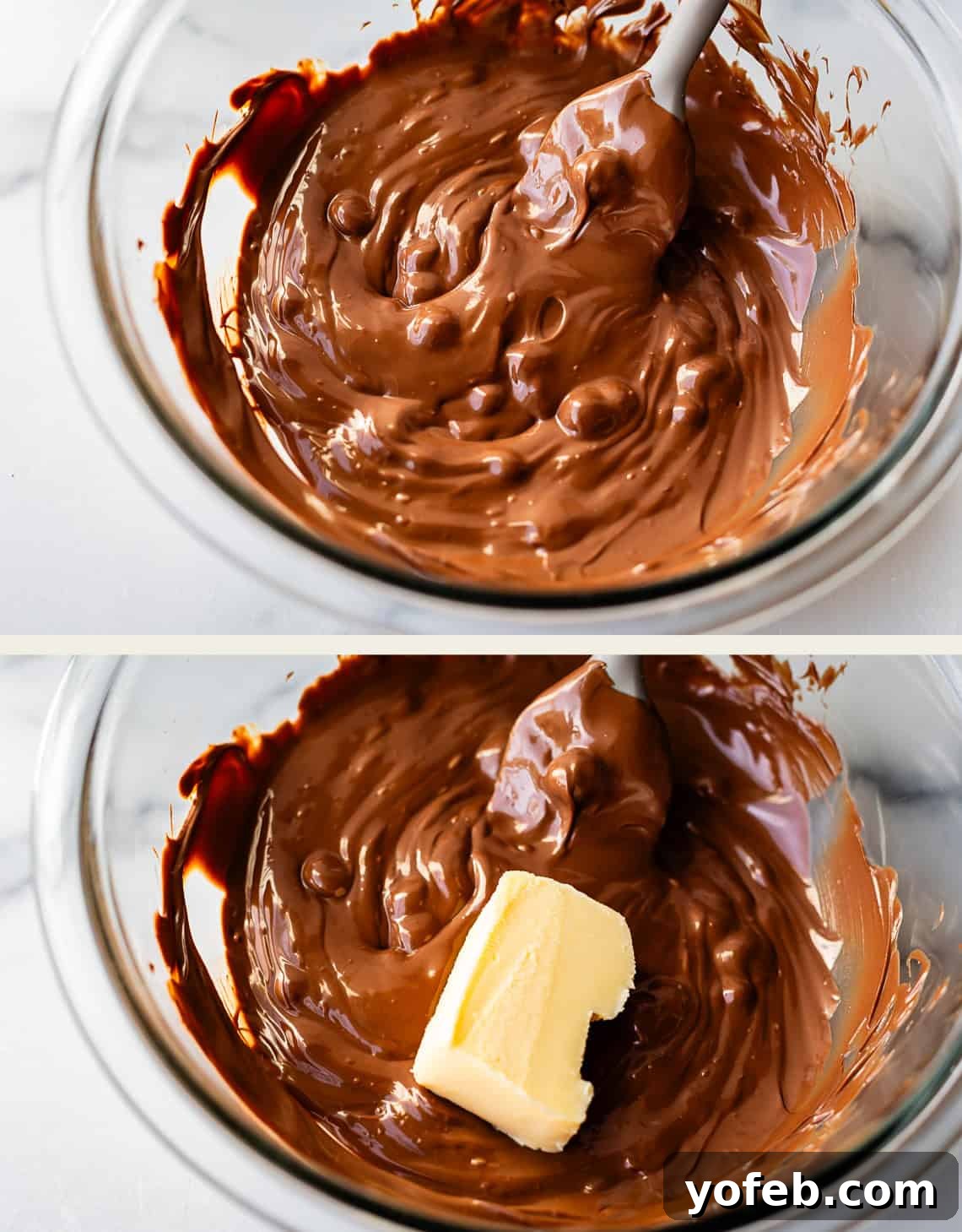 Reese's Easter Peanut Butter Bliss 16 Two-panel image: The top panel shows a glass bowl of melted chocolate being stirred with a spatula. The bottom panel shows the same bowl of melted chocolate with a chunk of butter added, about to be mixed in.