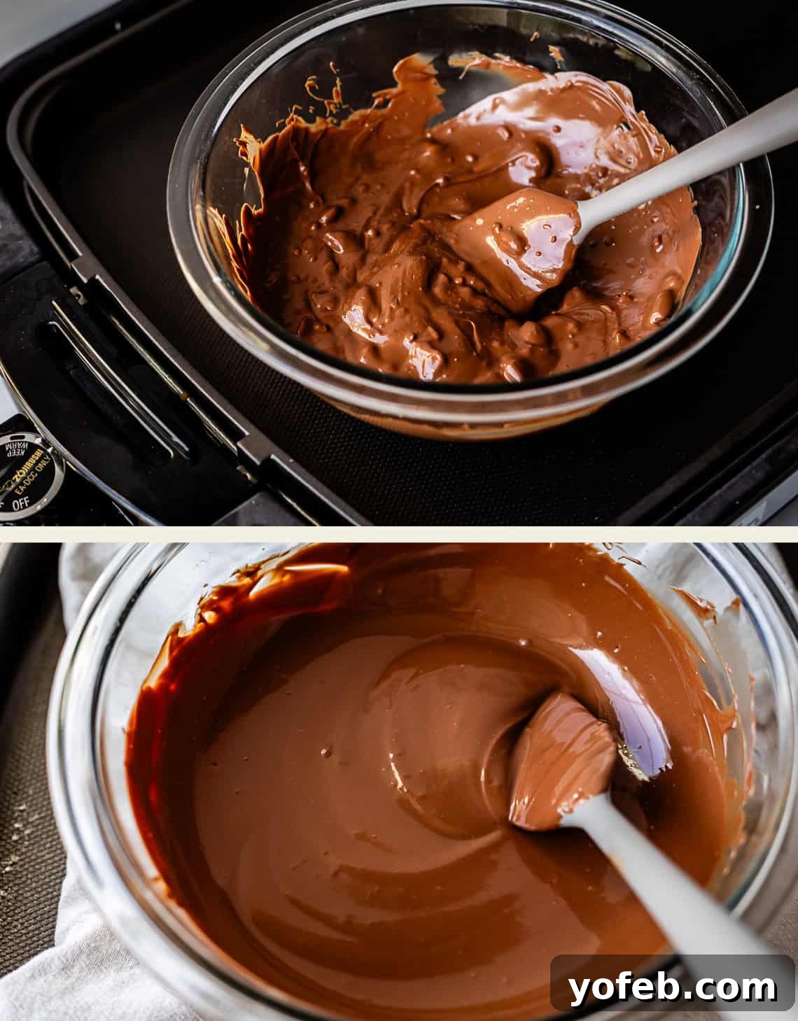 Reese's Easter Peanut Butter Bliss 17 Two photos: the top shows chocolate chunks partially melted in a glass bowl with a spatula; the bottom shows smooth, fully melted chocolate in a glass bowl with a spatula.