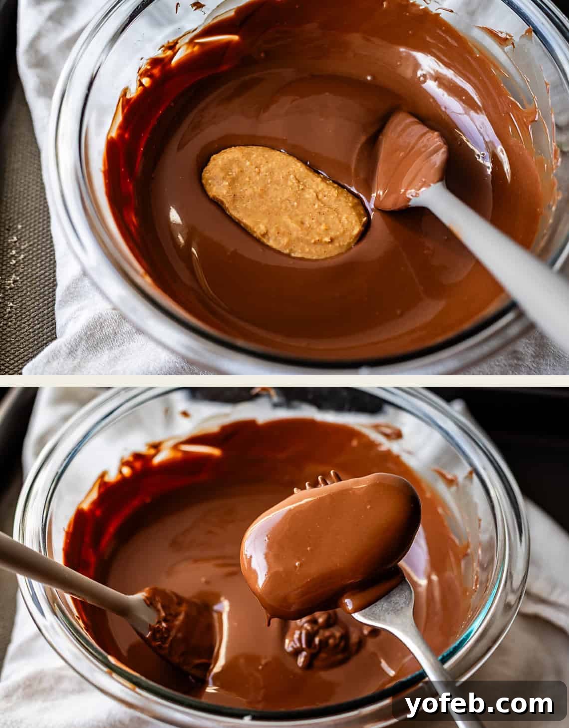 Reese's Easter Peanut Butter Bliss 18 A bowl of melted chocolate with a peanut butter filling being dipped in it. In the second image, the filling is coated in chocolate and lifted out with a fork, ready to set.