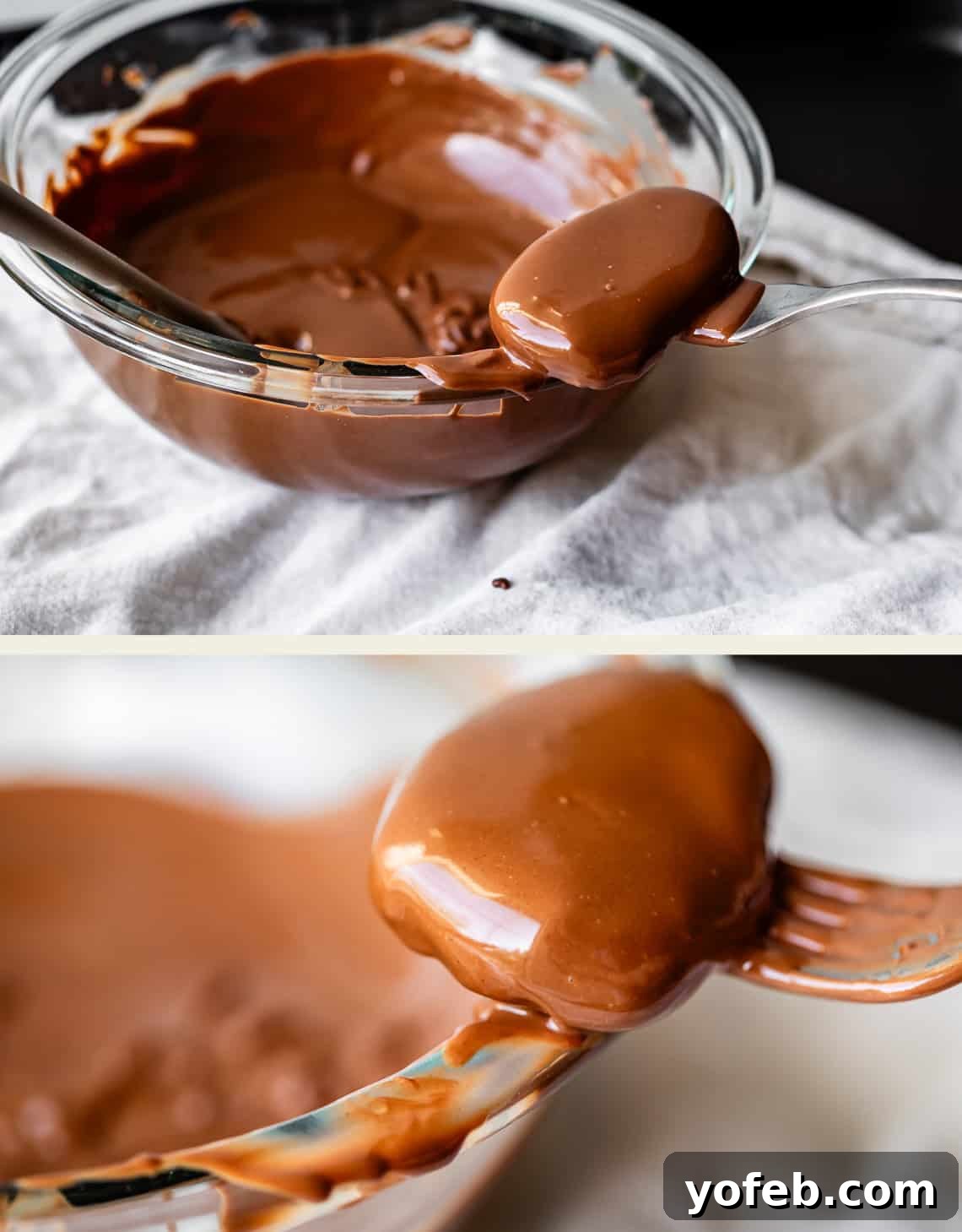 Reese's Easter Peanut Butter Bliss 19 A metal fork holds a smooth, chocolate-covered treat above a glass bowl filled with melted chocolate. The bowl rests on a white cloth, and the treat is coated evenly.
