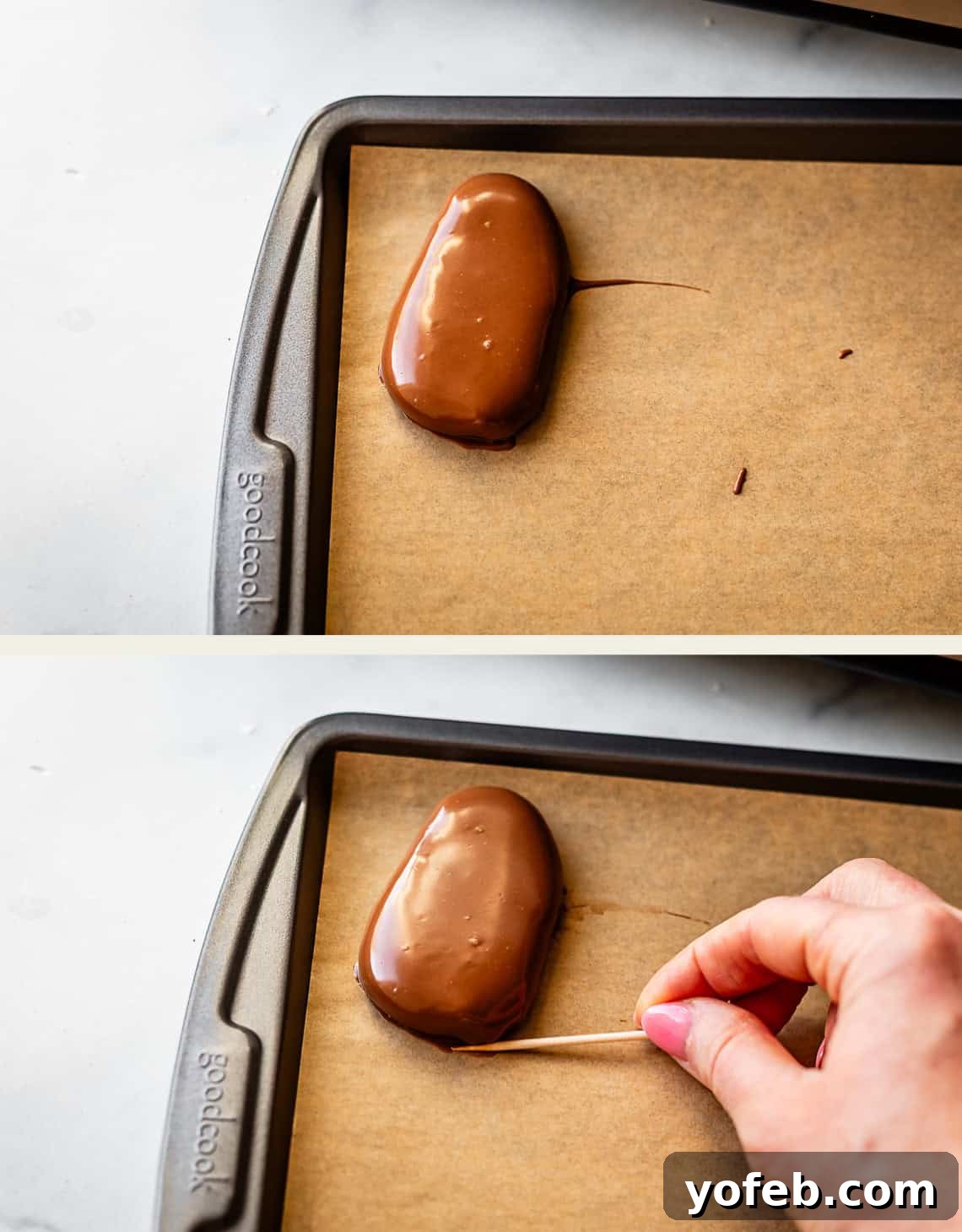 Reese's Easter Peanut Butter Bliss 20 A chocolate-coated peanut butter egg sits on parchment-lined tray. A hand uses a toothpick to neaten the edge of the chocolate coating in the second image.