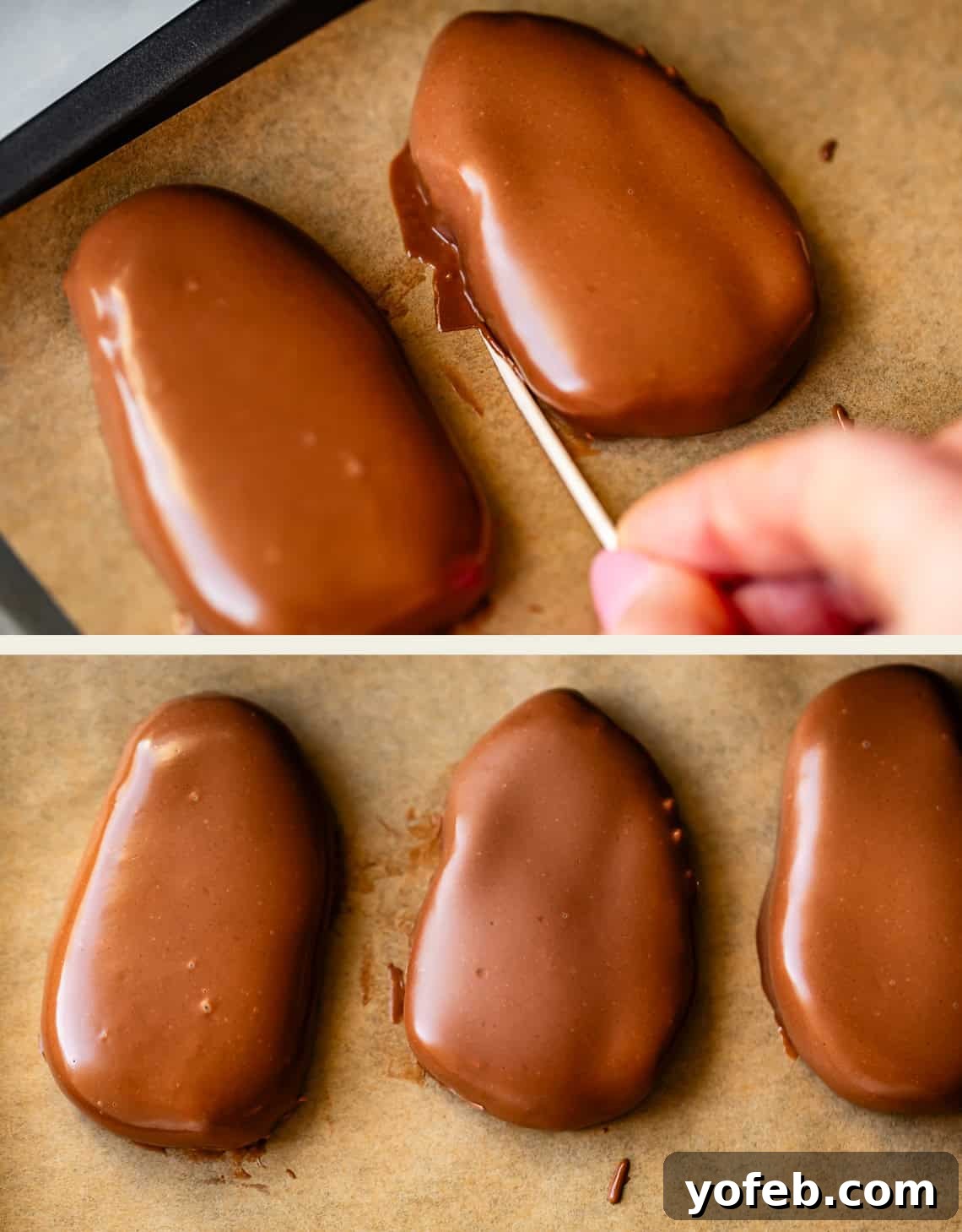 Reese's Easter Peanut Butter Bliss 21 Close-up of chocolate-covered peanut butter eggs on parchment paper; in the top image, a hand uses a toothpick to smooth the chocolate coating.
