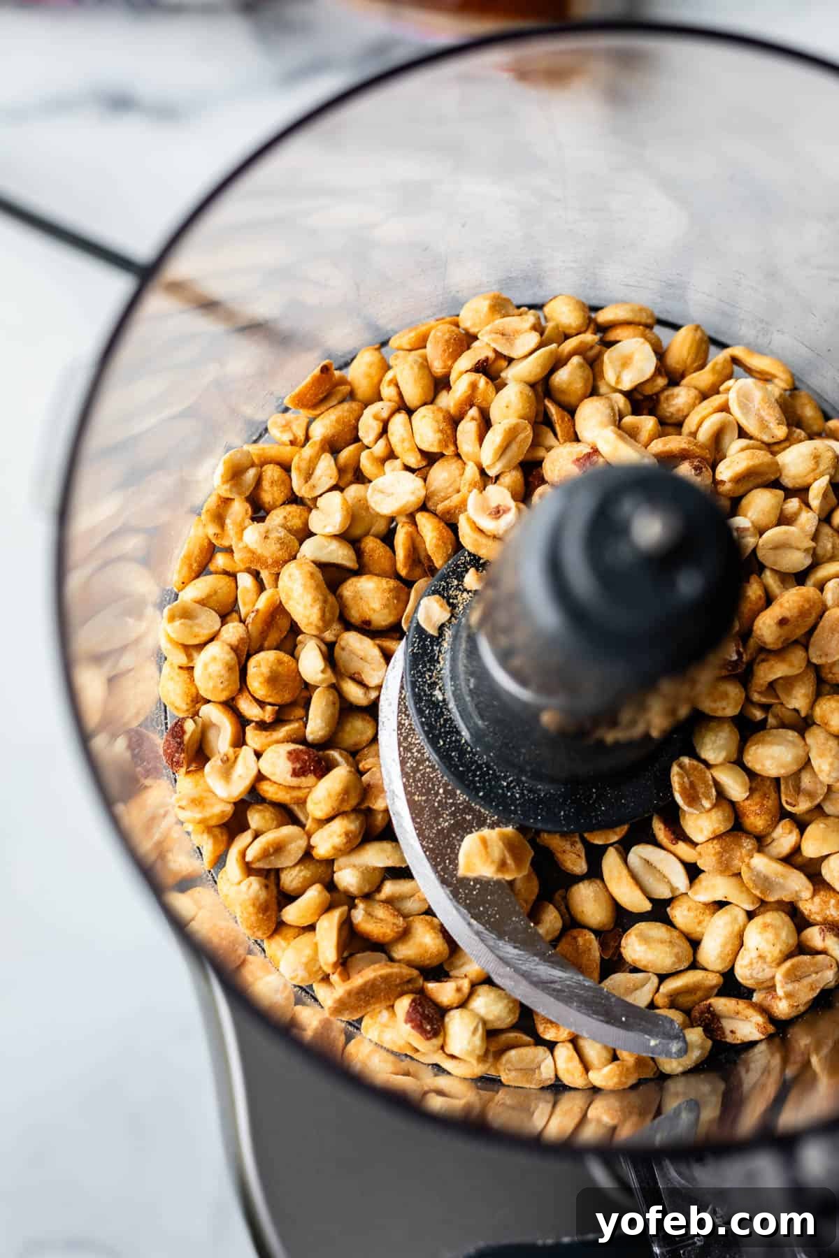 Reese's Easter Peanut Butter Bliss 9 A close-up view of a food processor filled with roasted peanuts, ready to be blended.