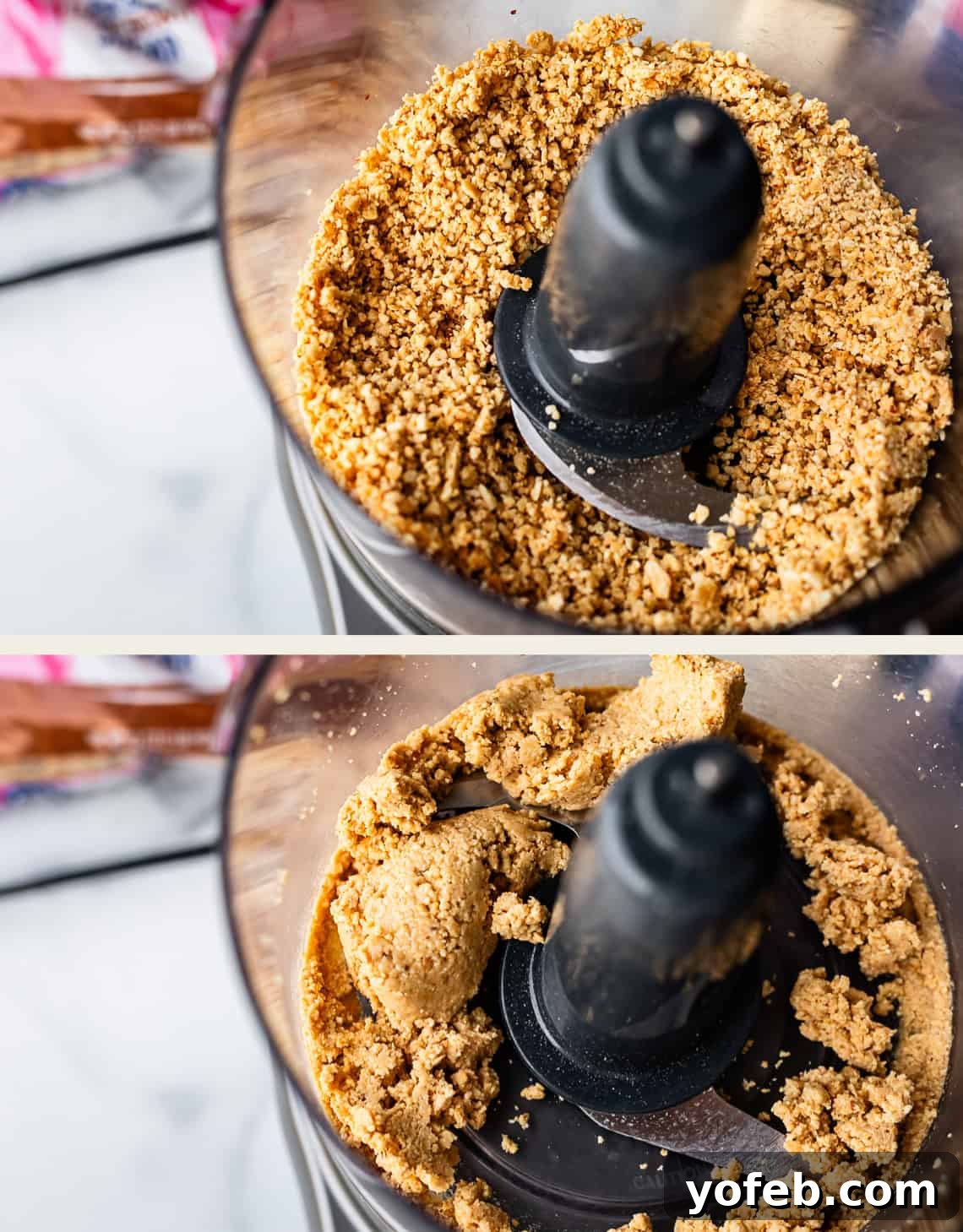 Reese's Easter Peanut Butter Bliss 10 Two overhead photos of a food processor: the top shows finely ground, dry nuts; the bottom shows the mixture turning into a sticky dough, starting to clump together around the blades.