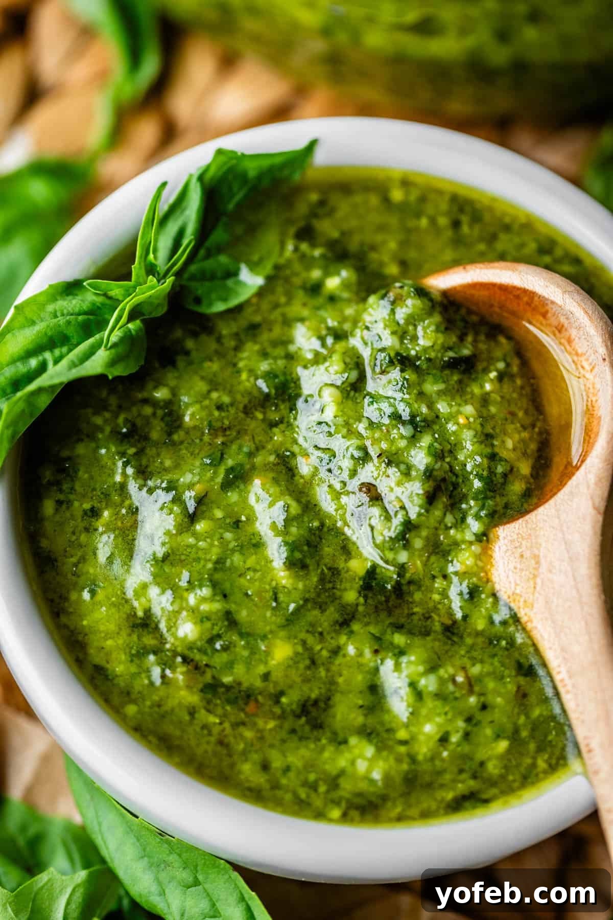 Vibrant Basil Pesto 2 A white bowl filled with green pesto sauce, garnished with fresh basil leaves, with a wooden spoon resting inside. The pesto appears chunky and glossy.