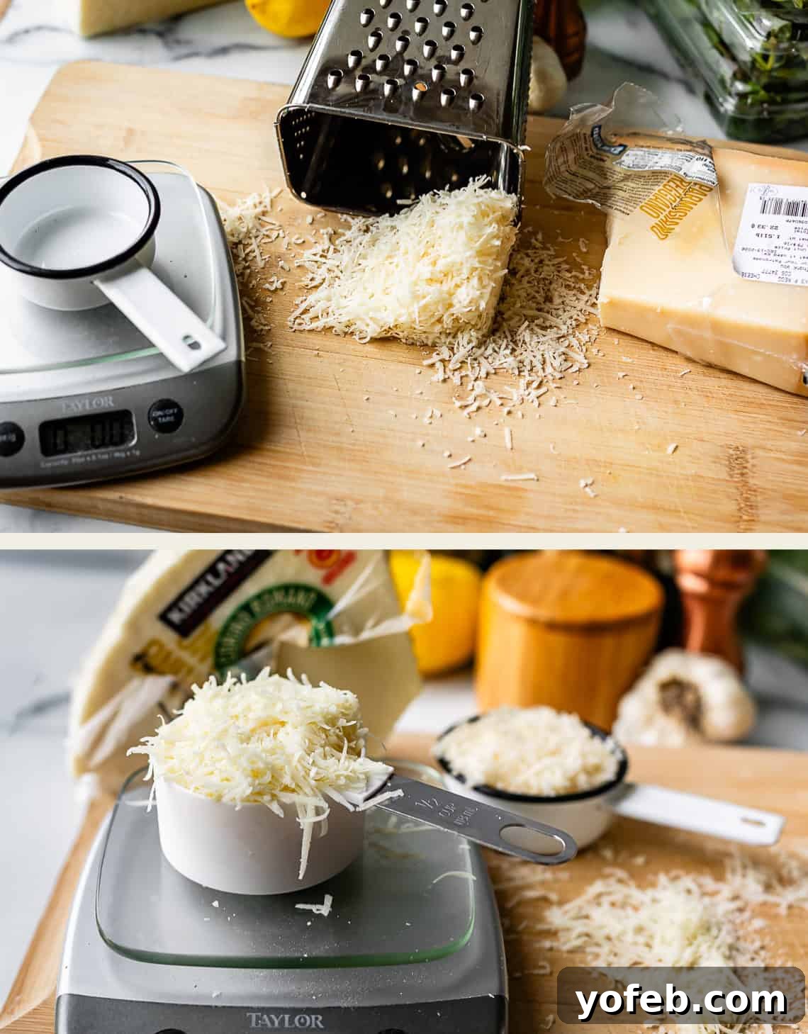 Vibrant Basil Pesto 11 Top image: Shredded parmesan cheese falling from a metal grater onto a wooden cutting board with a cheese wedge, digital scale, and measuring cup nearby. Bottom image: A cup filled with shredded parmesan sits on a digital scale.
