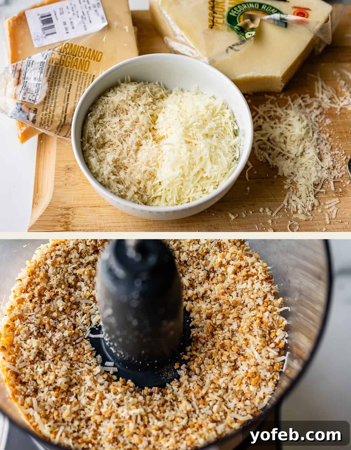 Vibrant Basil Pesto 12 Two images: the top shows grated Parmesan cheese in a bowl and on a cutting board with cheese blocks; the bottom shows browned breadcrumb and cheese mixture in a food processor.