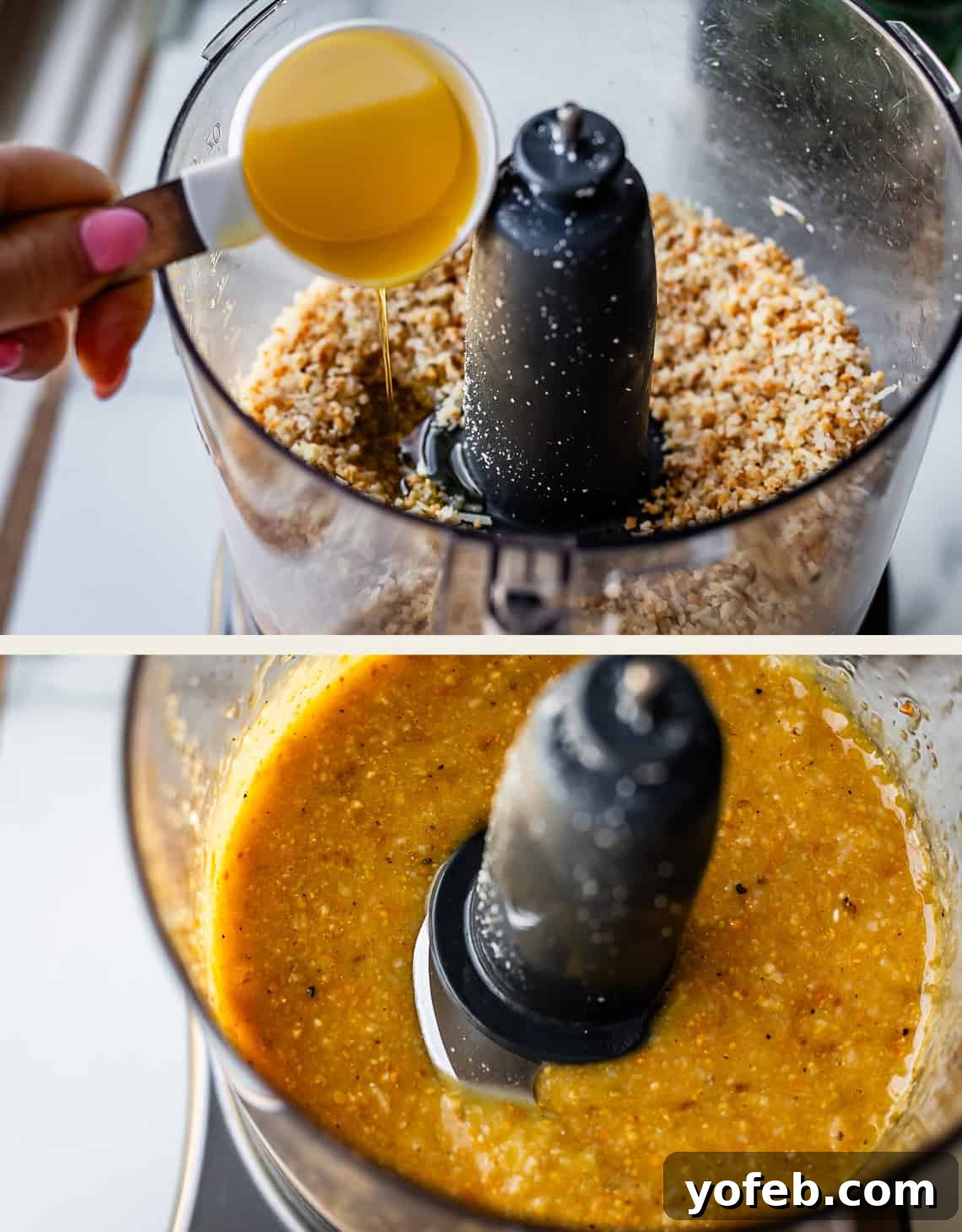 Vibrant Basil Pesto 13 A split image shows the top view of a food processor: the upper half displays oil being poured onto chopped nuts or crumbs, and the lower half shows the ingredients blended into a smooth, yellow mixture.