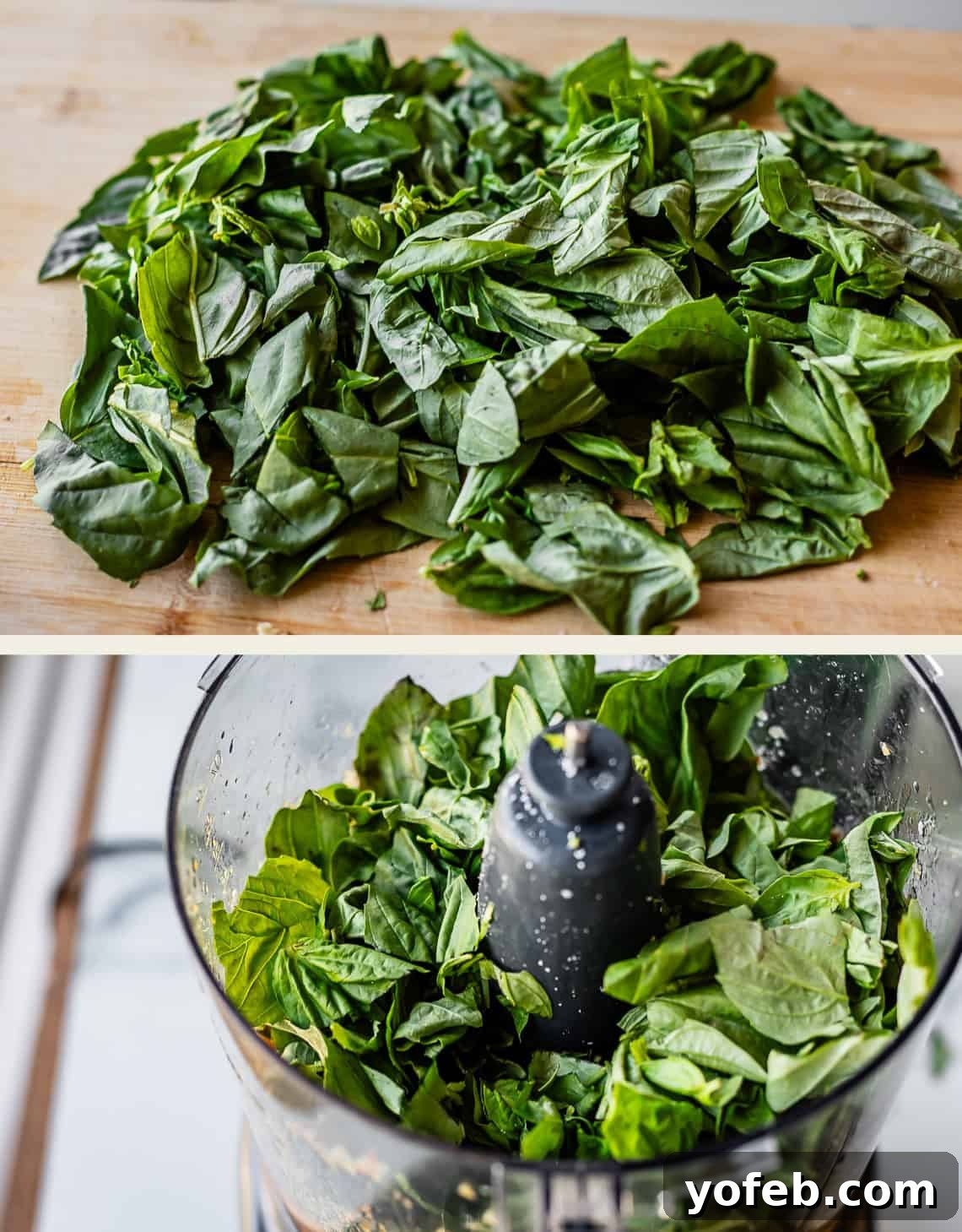 Vibrant Basil Pesto 16 Chopped fresh basil leaves on a wooden cutting board in the top image; in the bottom image, basil leaves inside a food processor, ready to be blended.