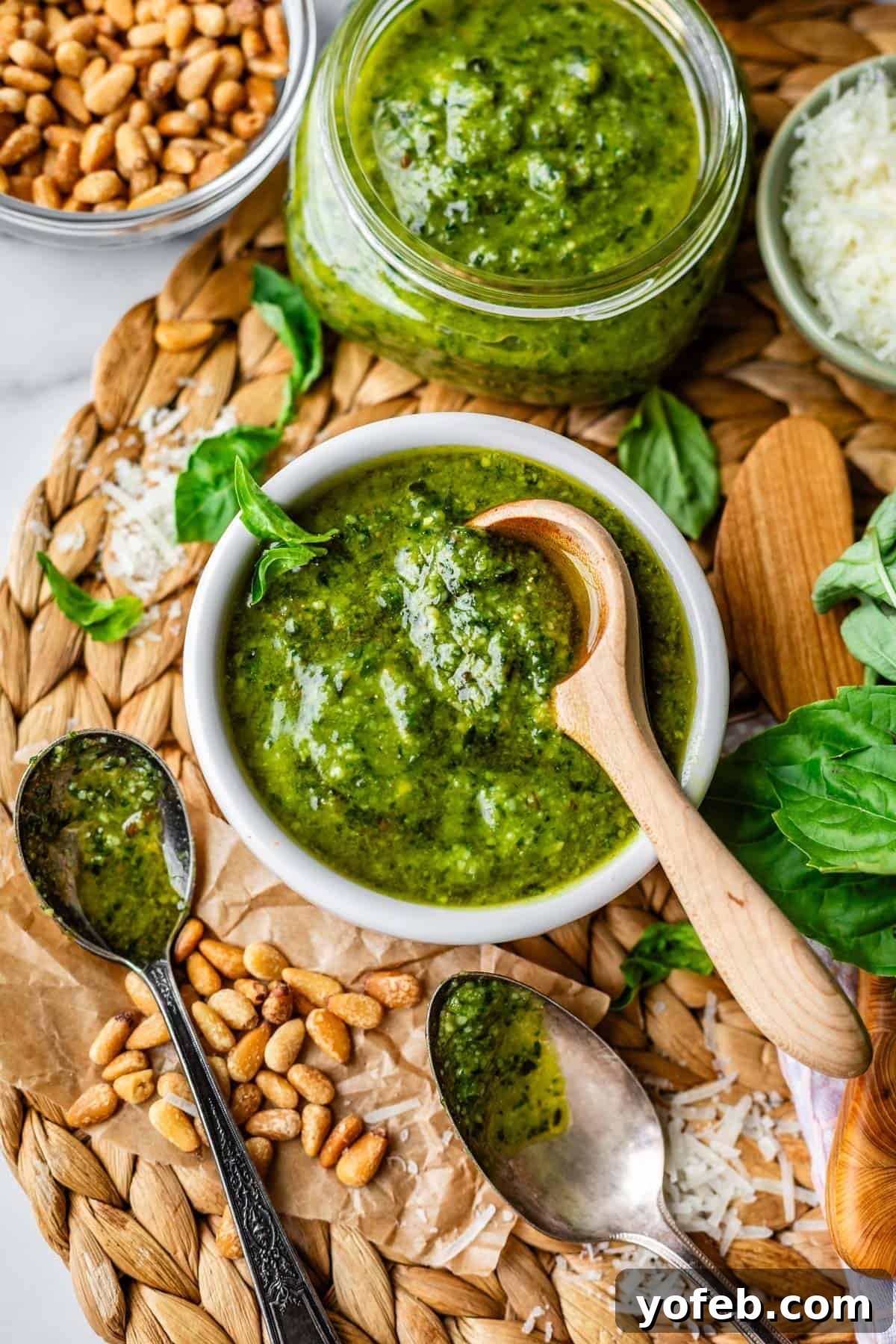 Vibrant Basil Pesto 3 A bowl of green pesto with a wooden spoon, surrounded by pine nuts, fresh basil leaves, grated cheese, and a glass jar of pesto on a woven placemat.