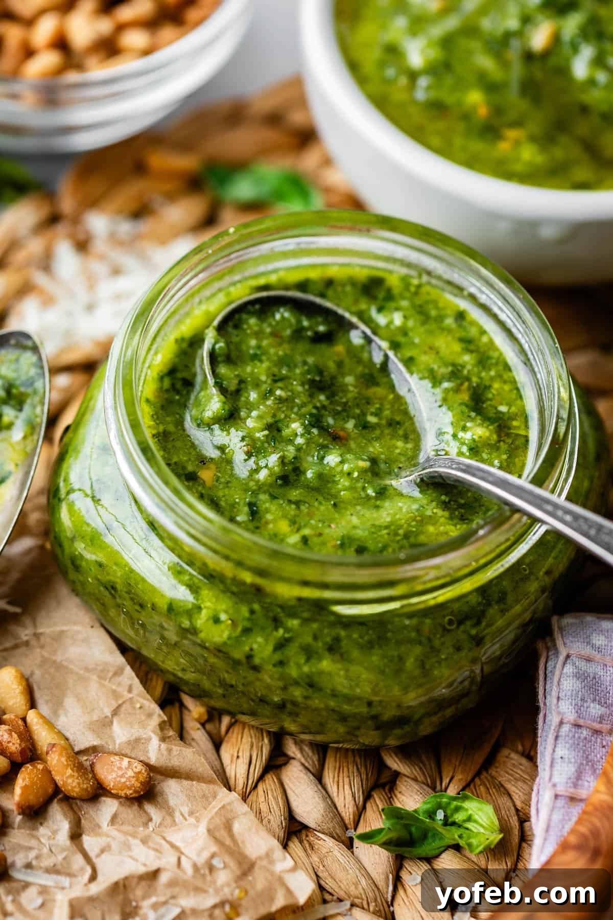 Vibrant Basil Pesto 21 A glass jar filled with vibrant green pesto sauce, topped with a spoon. Surrounding the jar are pine nuts, fresh basil leaves, and a bowl of more pesto in the background, all arranged on a woven placemat.