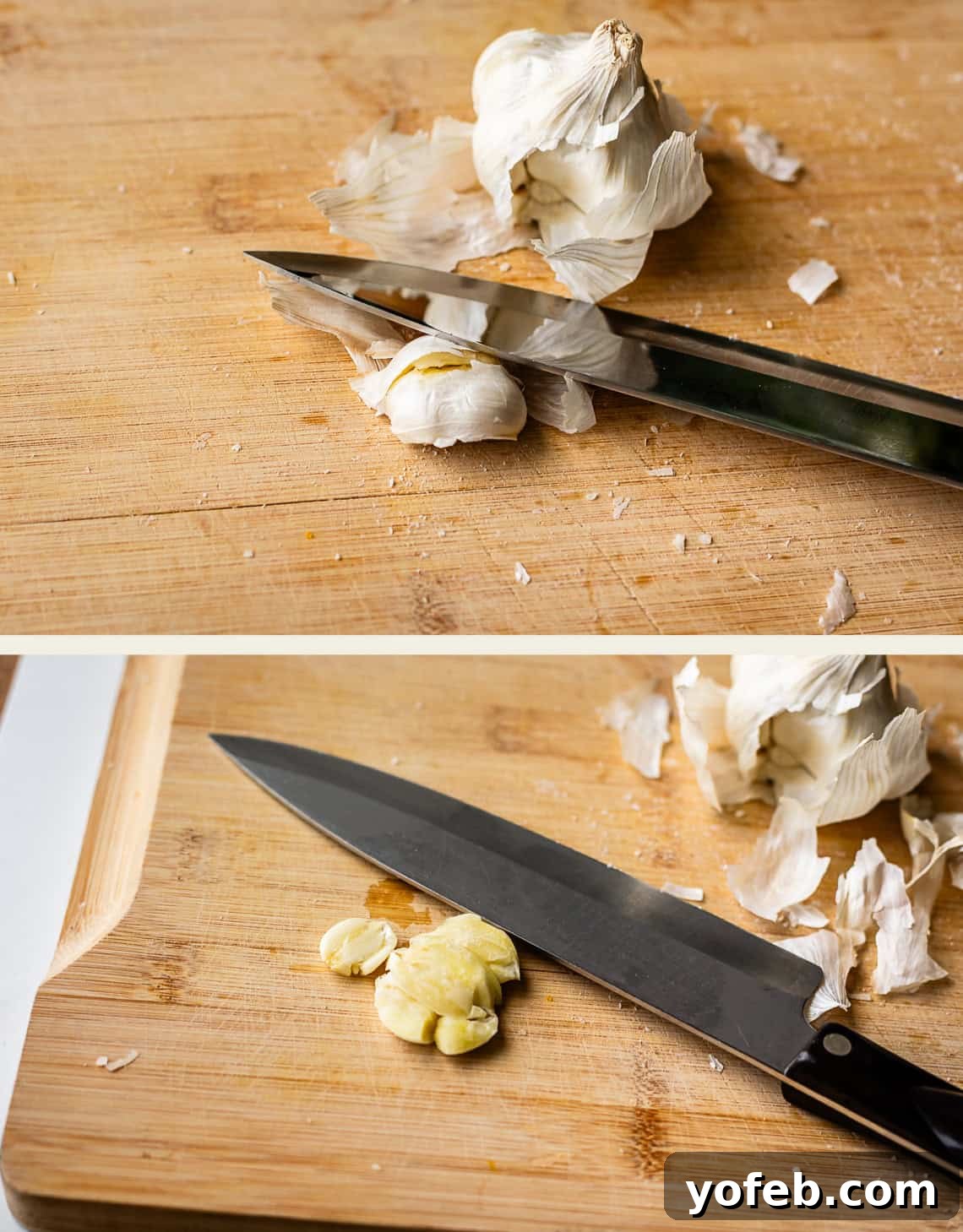 Vibrant Basil Pesto 9 Two images show a large kitchen knife and garlic on a wooden cutting board. The top image shows the knife and unpeeled garlic, while the bottom shows the garlic partially crushed with the knife blade.