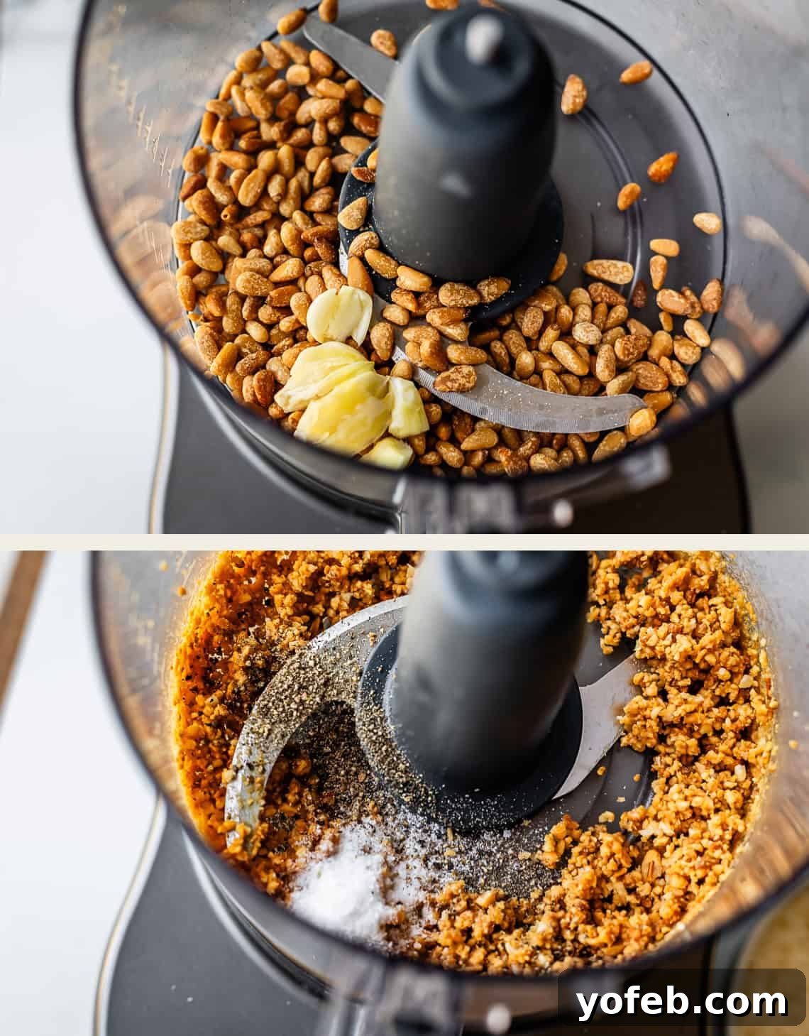 Vibrant Basil Pesto 10 Two images of a food processor: the top shows pine nuts and peeled garlic cloves; the bottom shows the mixture ground with added salt and black pepper.