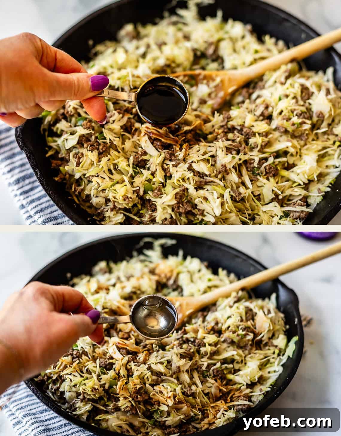 Crispy Egg Roll Bowl: Stir-Fry Recipe Without Wrappers 12 Two photos show a hand with purple nail polish adding liquid ingredients with a tablespoon to a skillet filled with cooked ground meat and shredded cabbage, being stirred with a wooden spoon.