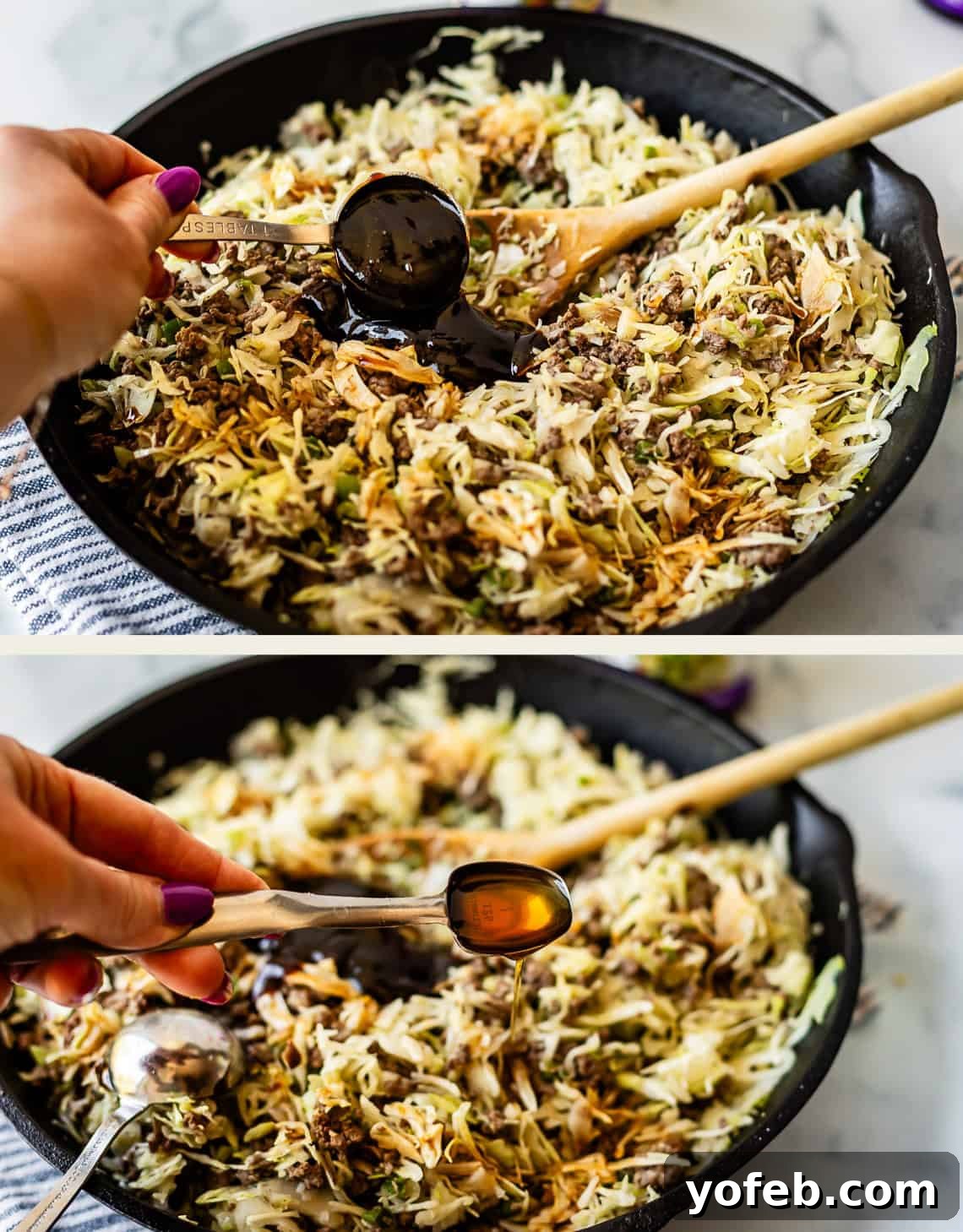 Crispy Egg Roll Bowl: Stir-Fry Recipe Without Wrappers 13 Two images show a hand holding a measuring spoon above a skillet filled with shredded cabbage, vegetables, and ground meat. In the first, dark sauce is being added; in the second, a lighter sauce is being poured in.