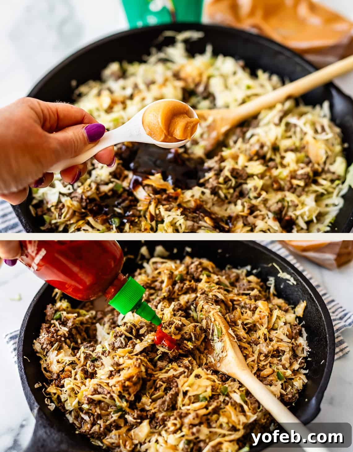Crispy Egg Roll Bowl: Stir-Fry Recipe Without Wrappers 14 Two images: The top shows a hand holding a spoonful of peanut butter over a skillet filled with cooked beef, cabbage, and sauce. The bottom shows sriracha being squeezed into the same skillet mixture, with a wooden spoon in the pan.
