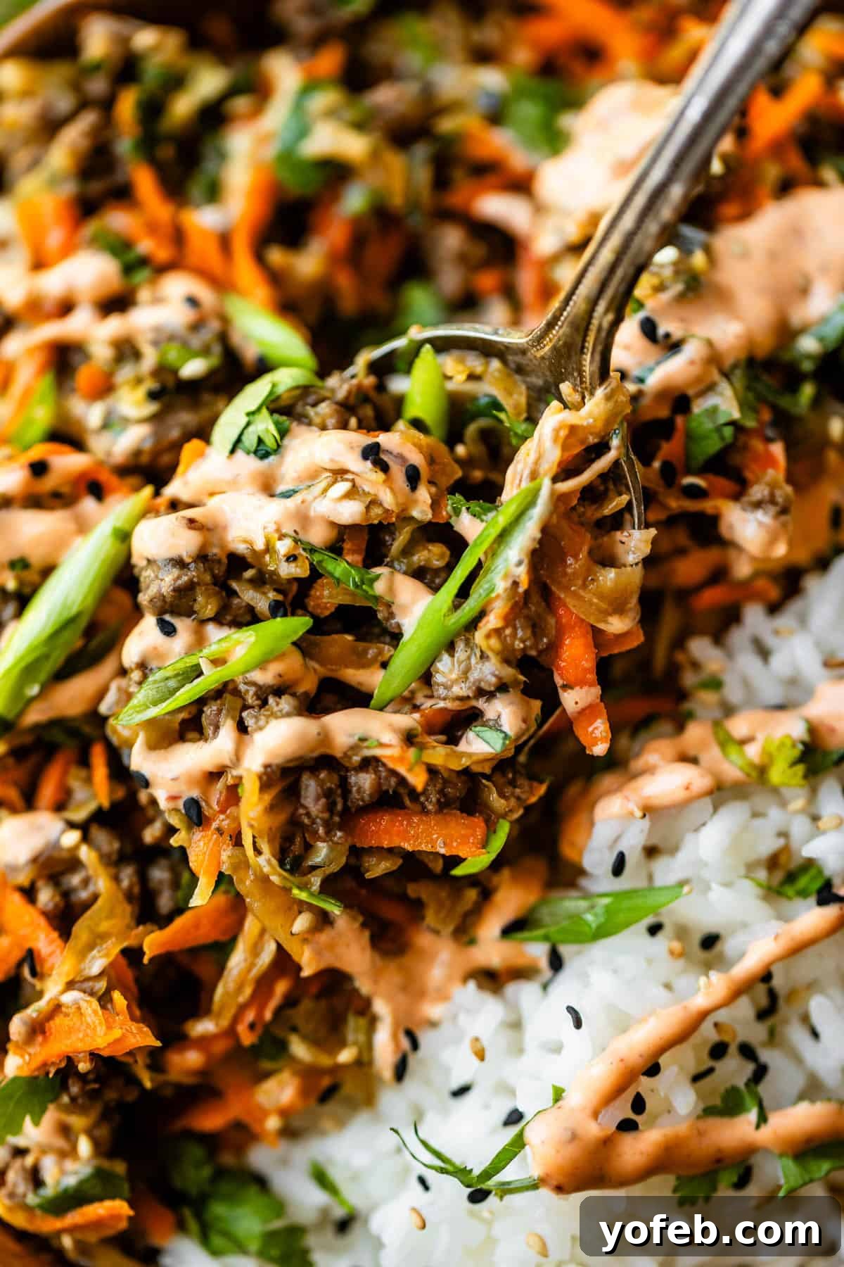 Crispy Egg Roll Bowl: Stir-Fry Recipe Without Wrappers 4 A close-up of a fork picking up a bite of rice topped with ground meat, shredded carrots, green onions, sesame seeds, and a creamy orange sauce.