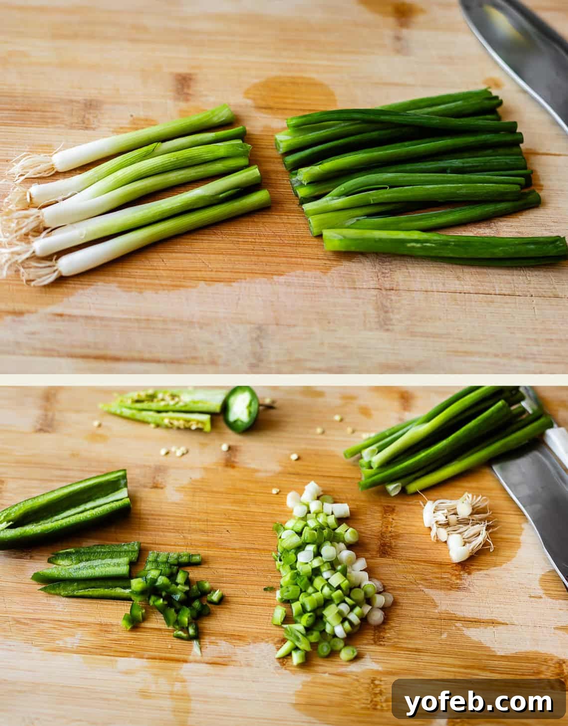 Crispy Egg Roll Bowl: Stir-Fry Recipe Without Wrappers 7 Two images: The top shows whole green onions, both white and green parts, arranged on a wooden cutting board next to a knife. The bottom shows chopped green onions and sliced jalapeño on the same board.