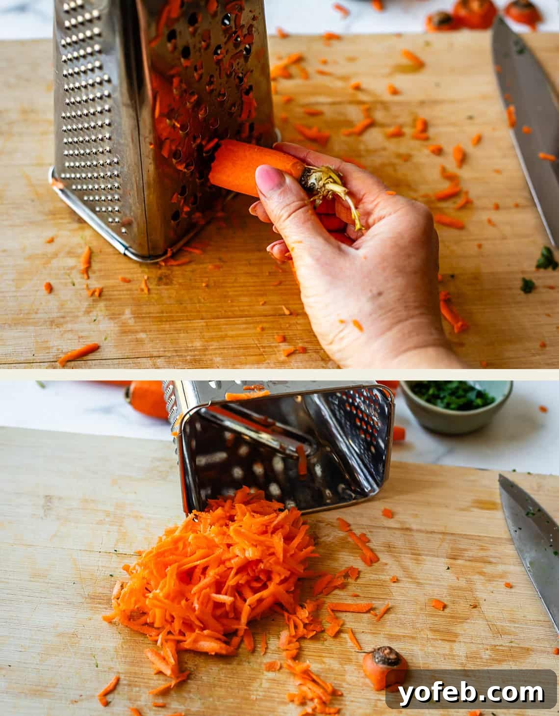 Crispy Egg Roll Bowl: Stir-Fry Recipe Without Wrappers 9 Two images: The first shows a hand grating a carrot on a box grater over a wooden cutting board. The second shows a pile of freshly grated carrot on the board, with some carrot pieces and a knife nearby.