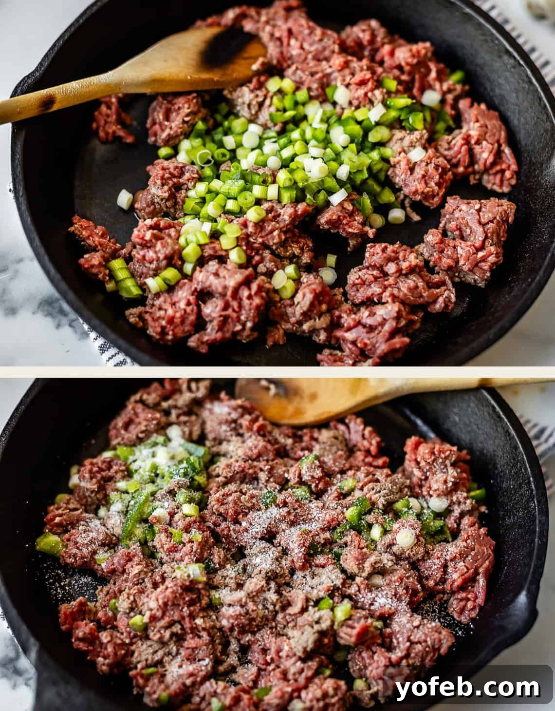 Crispy Egg Roll Bowl: Stir-Fry Recipe Without Wrappers 10 Two images of a cast iron skillet with ground beef and chopped green onions being cooked. In the second image, the mixture is sprinkled with seasonings and stirred with a wooden spoon.