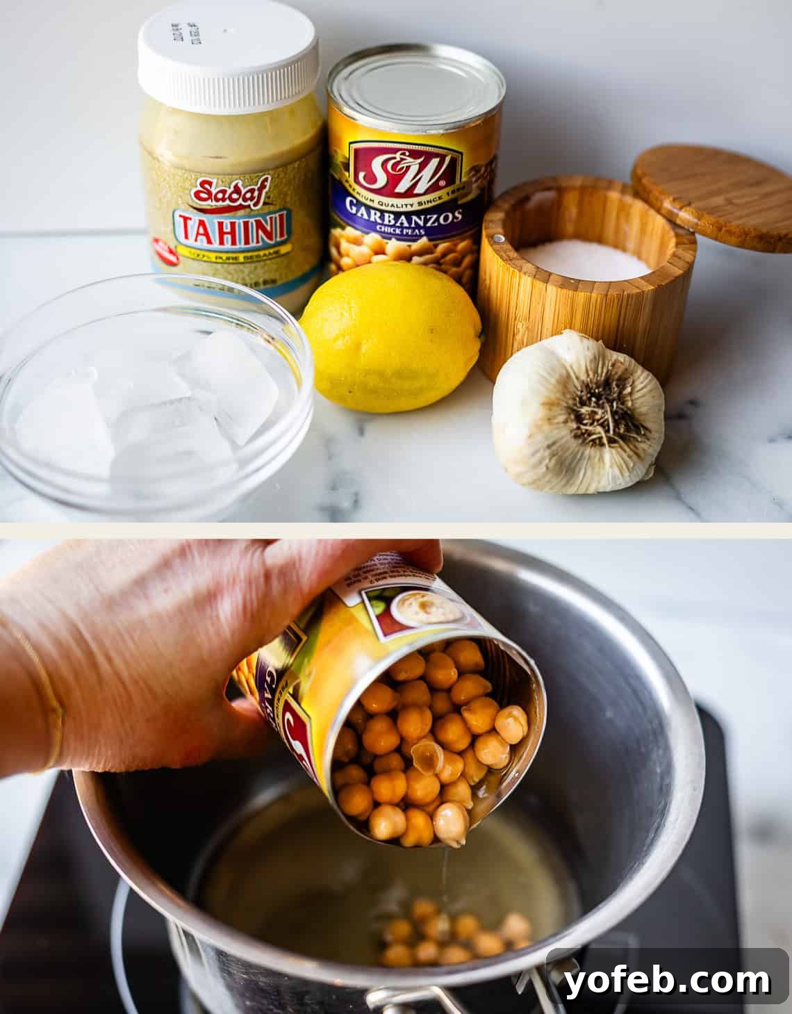 Creamy Homemade Hummus from Scratch: Classic Chickpea Dip Recipe 6 Two images: Top shows tahini, canned garbanzo beans, a lemon, salt in a wooden container, garlic, and a bowl of ice water on a counter. Bottom shows garbanzo beans being poured from a can into a pot on a stove.