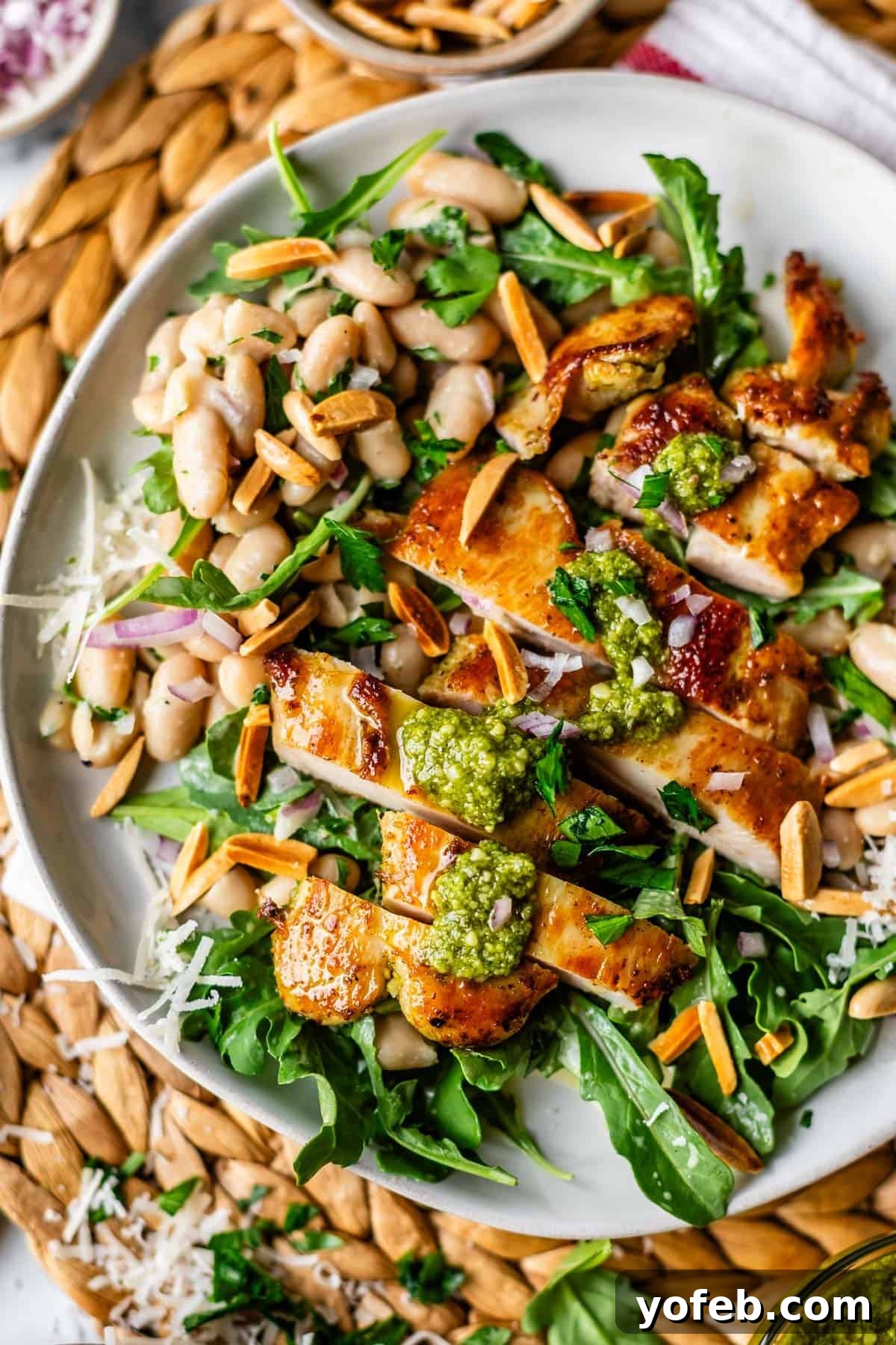 Basil Chicken Salad with Peppery Arugula and Lemon Vinaigrette 9 A plate with grilled chicken slices on a bed of arugula and white beans, topped with green pesto, toasted slivered almonds, grated cheese, and red onion slices.