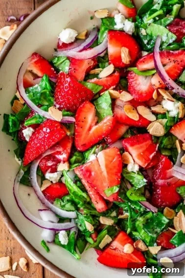 Basil Chicken Salad with Peppery Arugula and Lemon Vinaigrette 12 up close on half of a bowl filled with chopped spinach strawberry salad with poppyseed dressing.